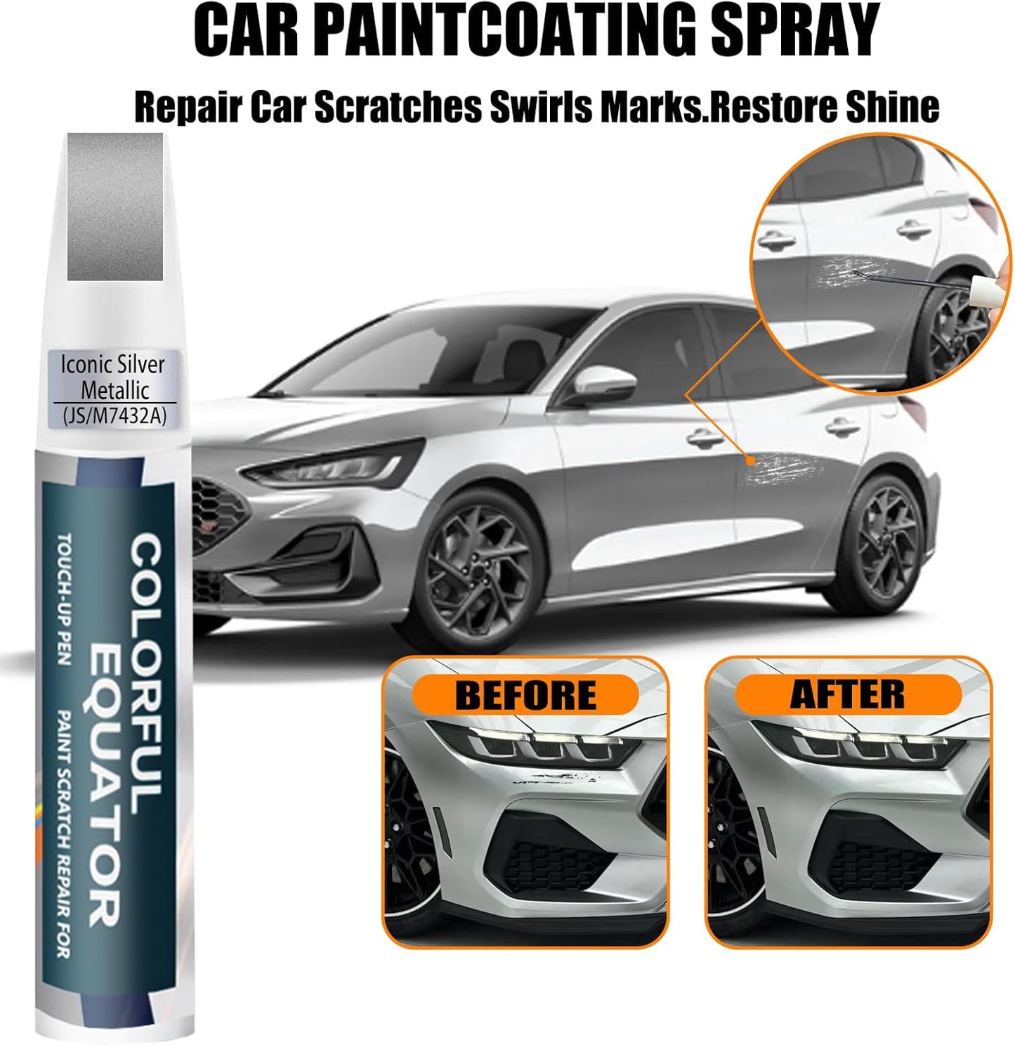 JS/M7432A Iconic Silver Metallic Touch Up Paint for Ford, Car Paint Pen Scratch Repair Two-In-One Touch Up Paint, Premium Car Scratch Remover for Deep Scratches