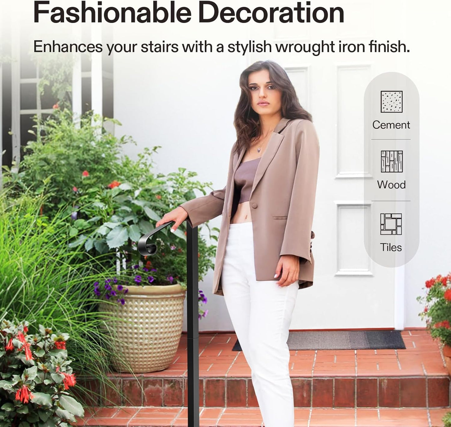 VIVOSUN Outdoor Handrail, 2 Step Stair Handrail, 21.6" x 39" Fits 1 to 2 Steps, Wrought Mattle Iron Stair Railing with Dual Curved Ends for Concrete Steps, Porch Steps, One-Step Assembly, Black