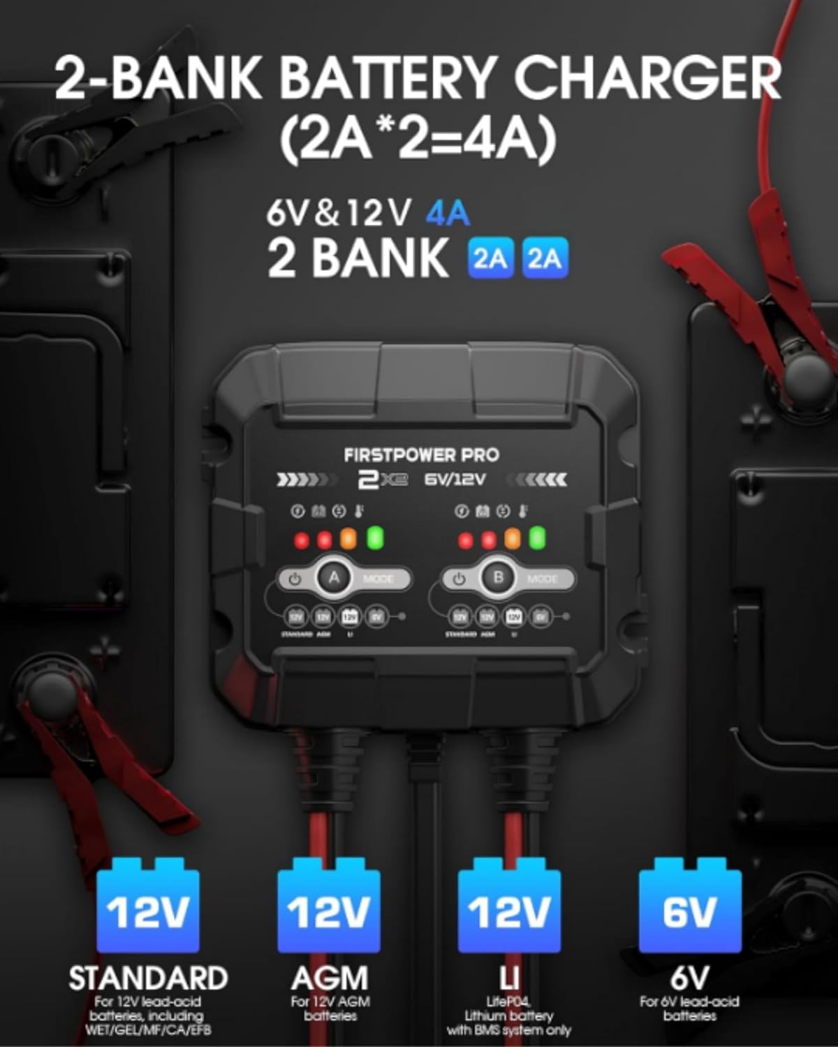 2-Bank, 4A (2A/Bank) Trickle Charger for Car Battery, 12V 6V Car Battery Charger, Automotive Battery Trickle Charger, Battery Maintainer, for Car Motorcycle Lawn Mower AGM, Lithium Batteries