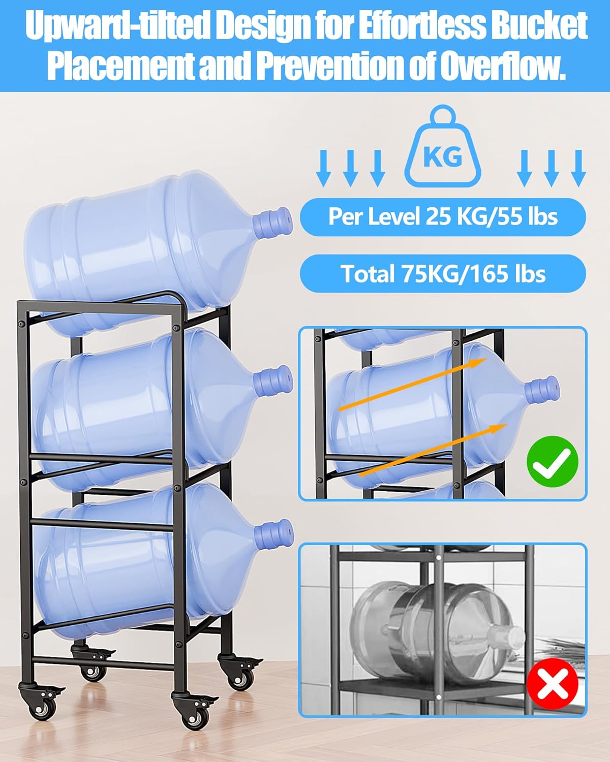 5 Gallon Water Jug Holder, Movable 3 Tier Heavy Duty Water Rack with 4 Wheels, Rack for Water Jug Storage, Space Saving Water Stand for Three 5 Gallon Water Jugs, Black