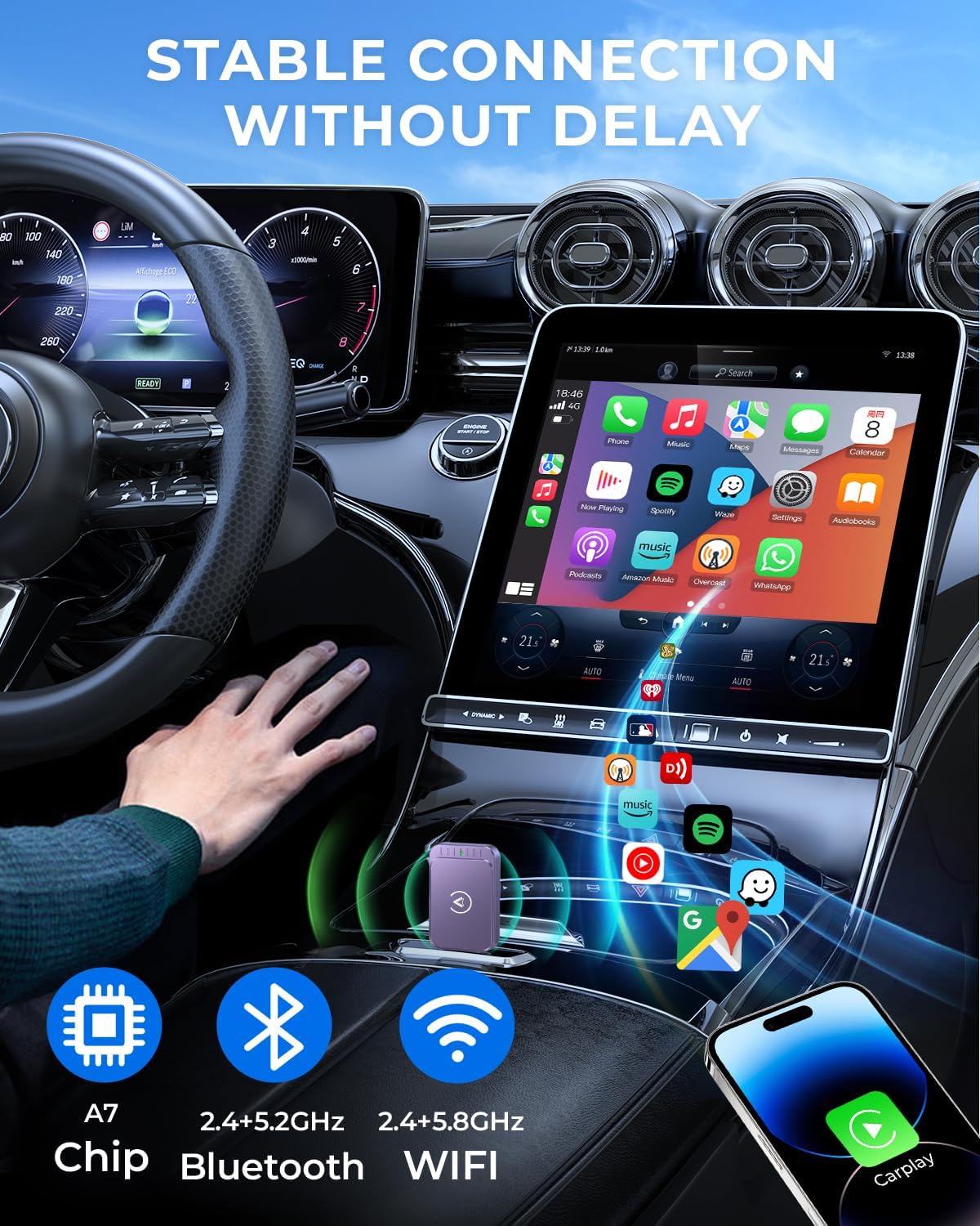 AuroraLink Wireless Carplay Adapter & Android Auto Wireless Adapter 2-in-1 Fast & Stable Carplay Wireless Adapter Convert Wired to Wireless Car Play Adapter for iOS 10+/Android 11+ (Dark Purple)