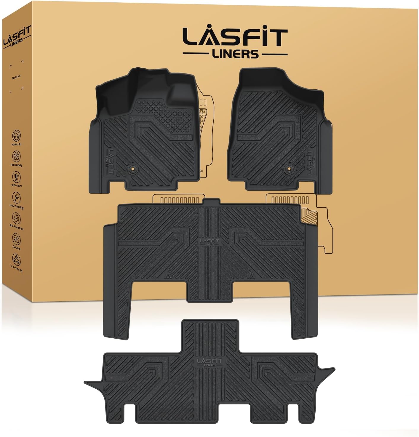 LASFIT Floor Mats Fit for Chrysler Town & Country 2008-2016/Dodge Grand Caravan 2008-2020, All Weather TPE Fit Floor Liner for Chrysler Town & Country & Dodge Grand Caravan 3 Row Car Mats, Black