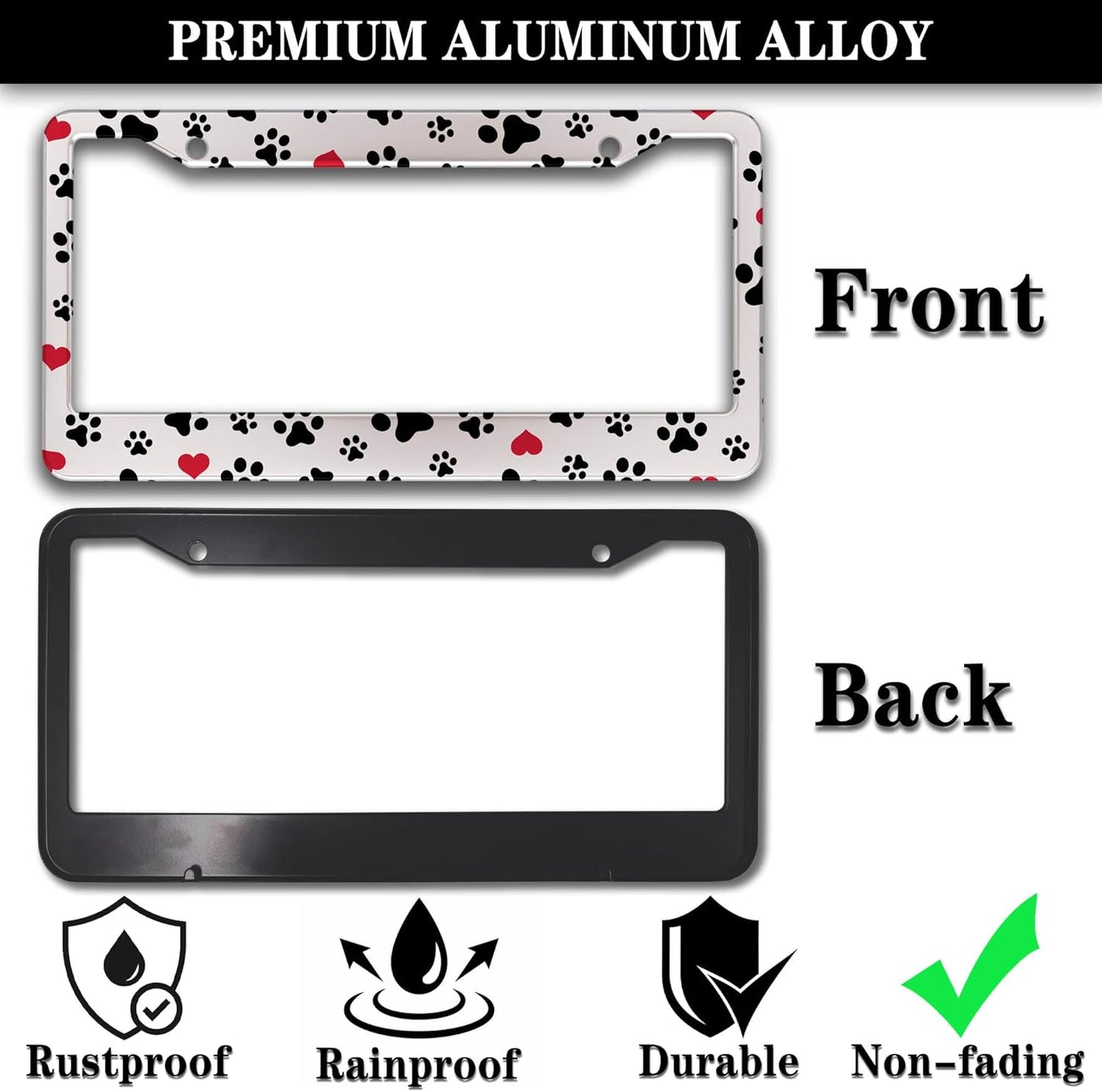 License Plate Frames Black, White, and Red License Plate Bracket Dog Footprints Universal Aluminum Car Accessory 2 Pack with Screw Covers Set