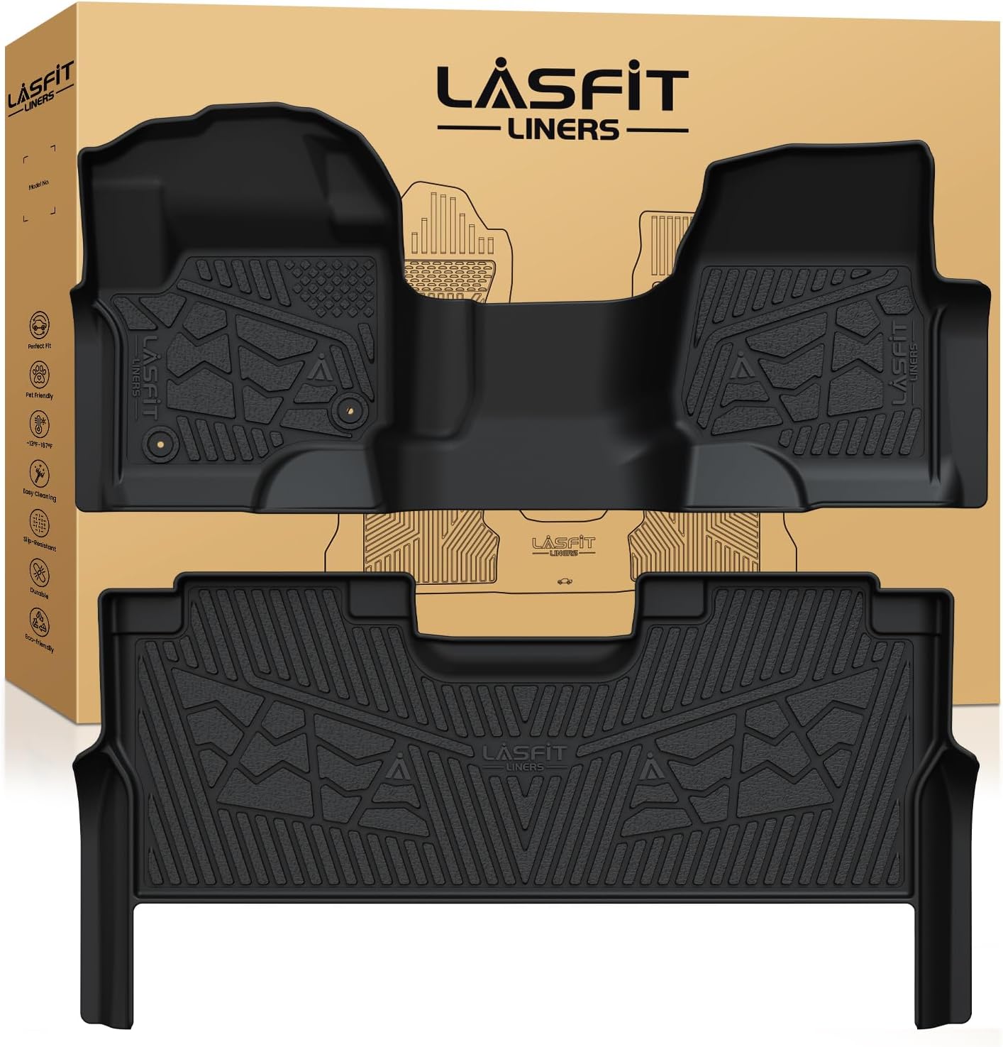 LASFIT Floor Mats for Ford F250 F350 F450 2017-2025 Crew Cab Front Bench Seat | Rear W/Fold-Flat Storage Carpet Floor Super Duty All Weather Protector TPE Car Floor Liner, 1st & 2nd Row, 2pcs Black