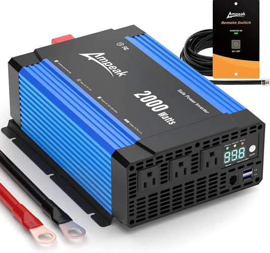 Ampeak 2000W Power Inverter Conversion Efficiency 89.37% Inverter 12V to 110V 3AC Outlets Dual 5V/3.1A USB Ports Modified Sine Power Inverters for Vehicles