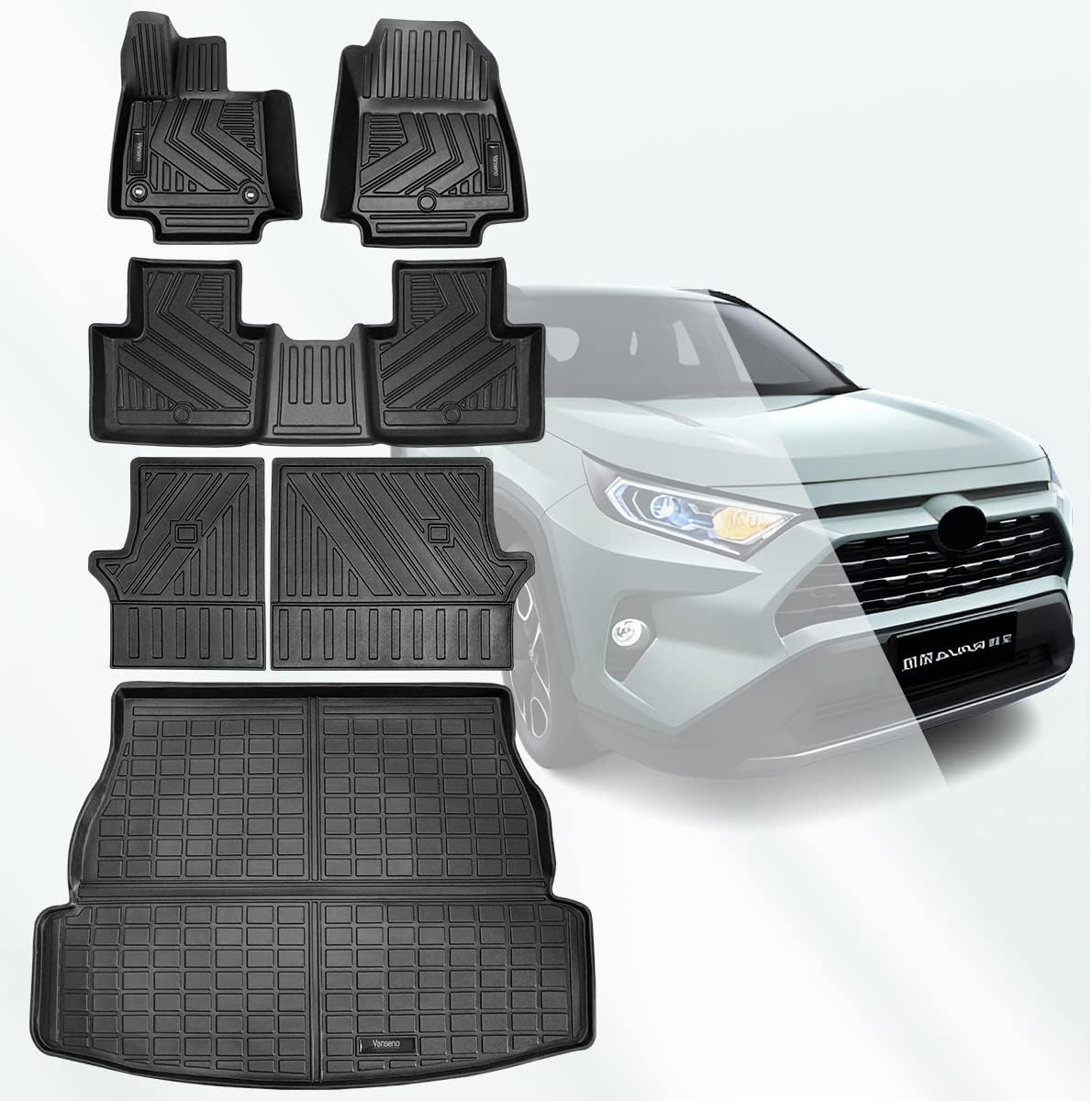 Vanseno Floor Mat & Cargo Liner & Backrest Mat Compatible for 2019 2021 2022 2023 2024 2025 Toyota Rav4 Floor Mats Trunk Liners Back Seat Cover Mat All-Weather Full Set Protector