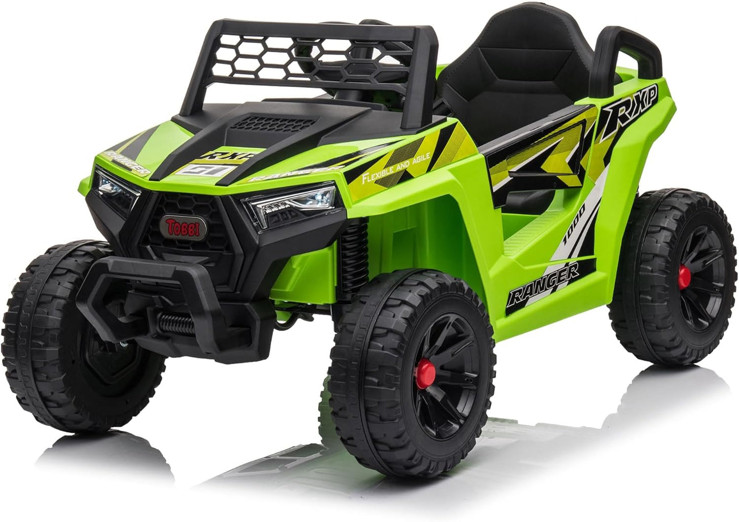 TOBBI 12V Kids Ride on Car, Electric Off-Road UTV Truck with Forward and Reverse Functions, Double Open Doors, Safety Belt, Horn, Music, and Lights for Kids Aged 3-5 Years (Fluorescent Green)