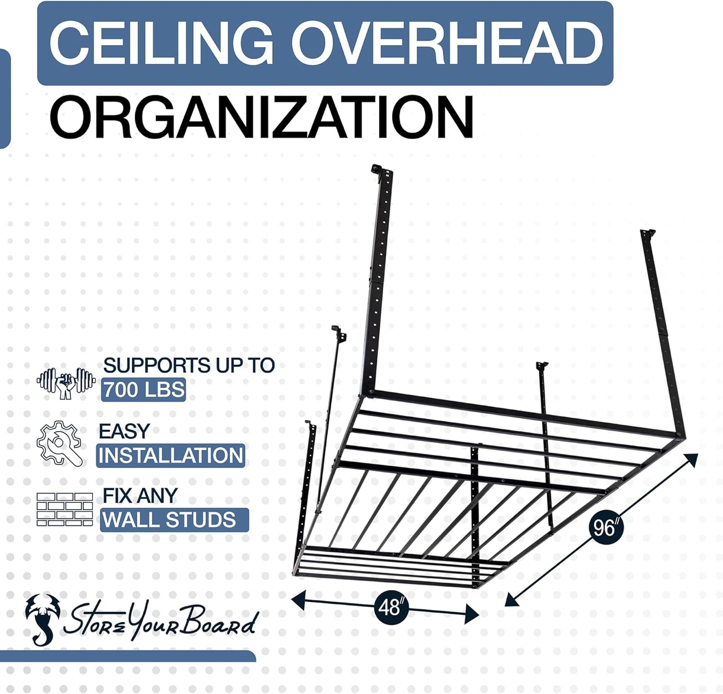 StoreYourBoard 4 x 8 Overhead Garage Storage Rack, Ceiling Shelf Overhead Organization, Heavy Duty Steel Platform Holds 700 lbs, 96 in. x 48 in. x 40 in.