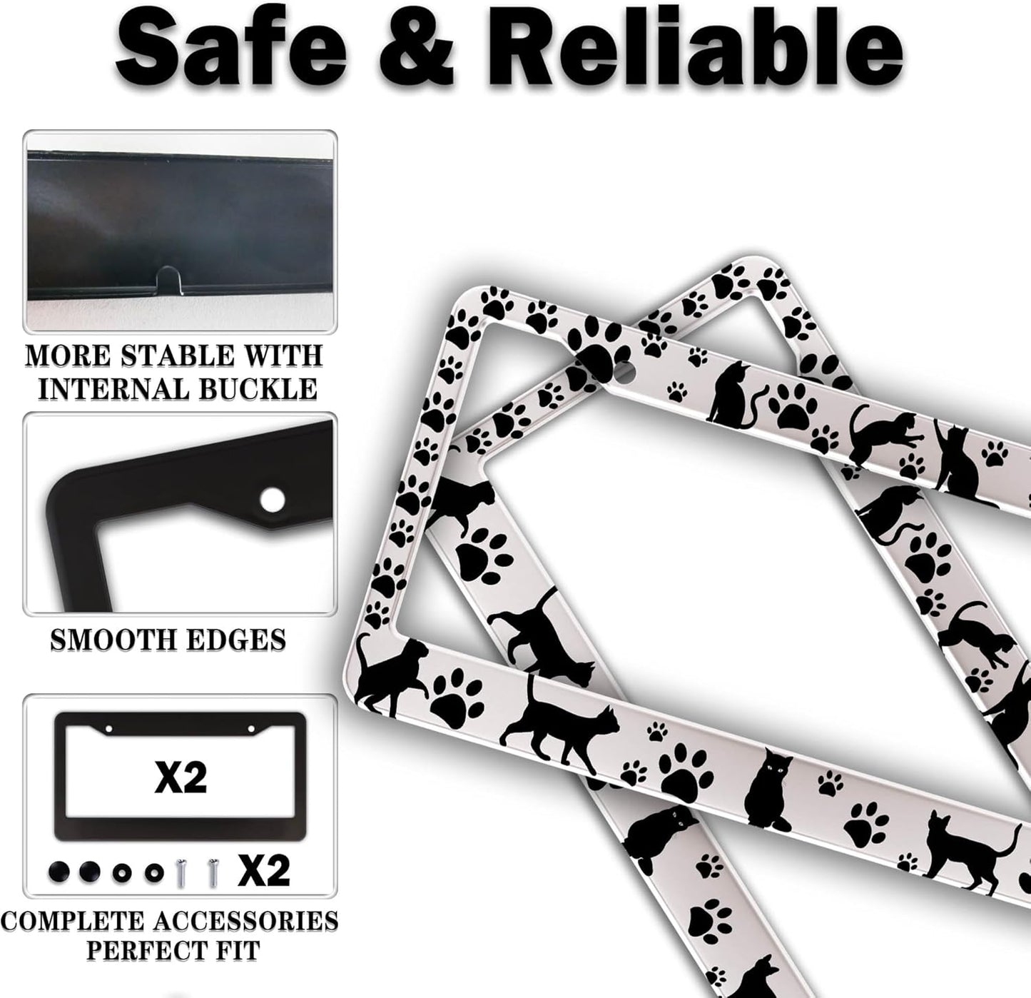 License Plate Frames Black and White License Plate Cover Kitty Cat Pawprints Aluminum Metal Car Accessory 2 Pack with Screw Covers Set
