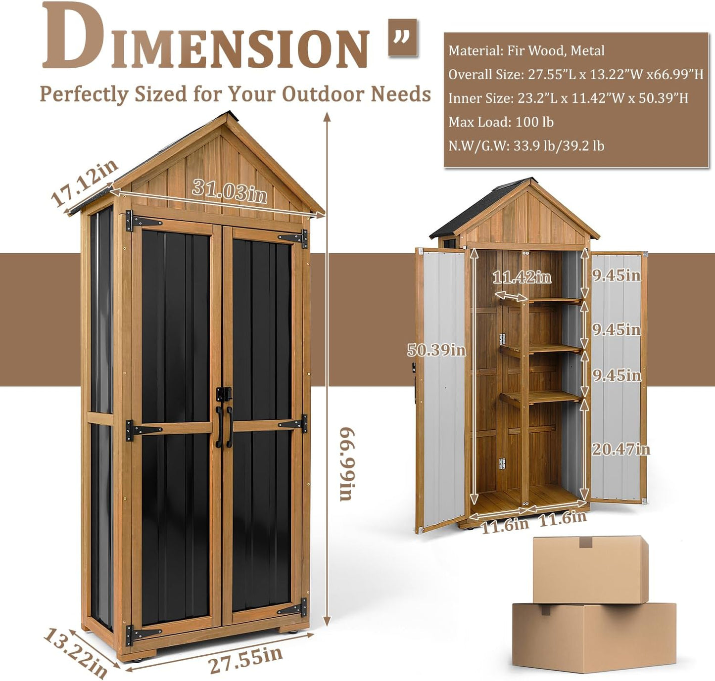 Outdoor Storage Cabinet Waterproof, Outdoor Storage Shed with Shelves, Wood & Metal Patio Backyard Garden Storage Cabinet Tool Organizer for Outside