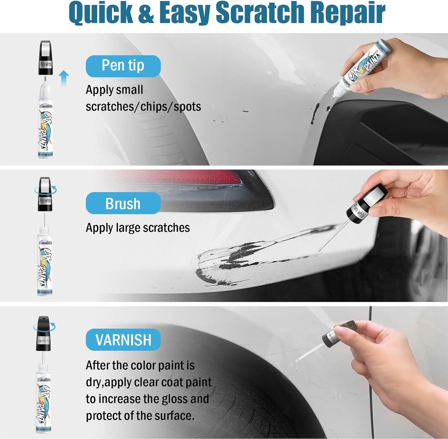 White Car Paint Touch Up, Car Paint Scratch Repair Pen, Color Accurate Automotive Paint Quick and Easy Fix Vehicles Chip Rim Scuff Repair