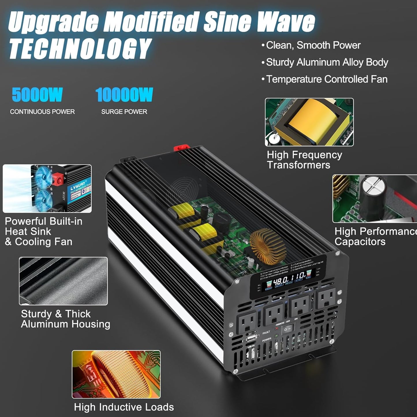 LVYUAN 5000 Watt Power Inverter 48V to 110V 120V for Vehicle, Solar Inverter System, Heavy Duty, RV, Truck, Off Grid,Camping with 4 AC Outlets, LCD Display, Wireless Remote Control, Car Power Inverter