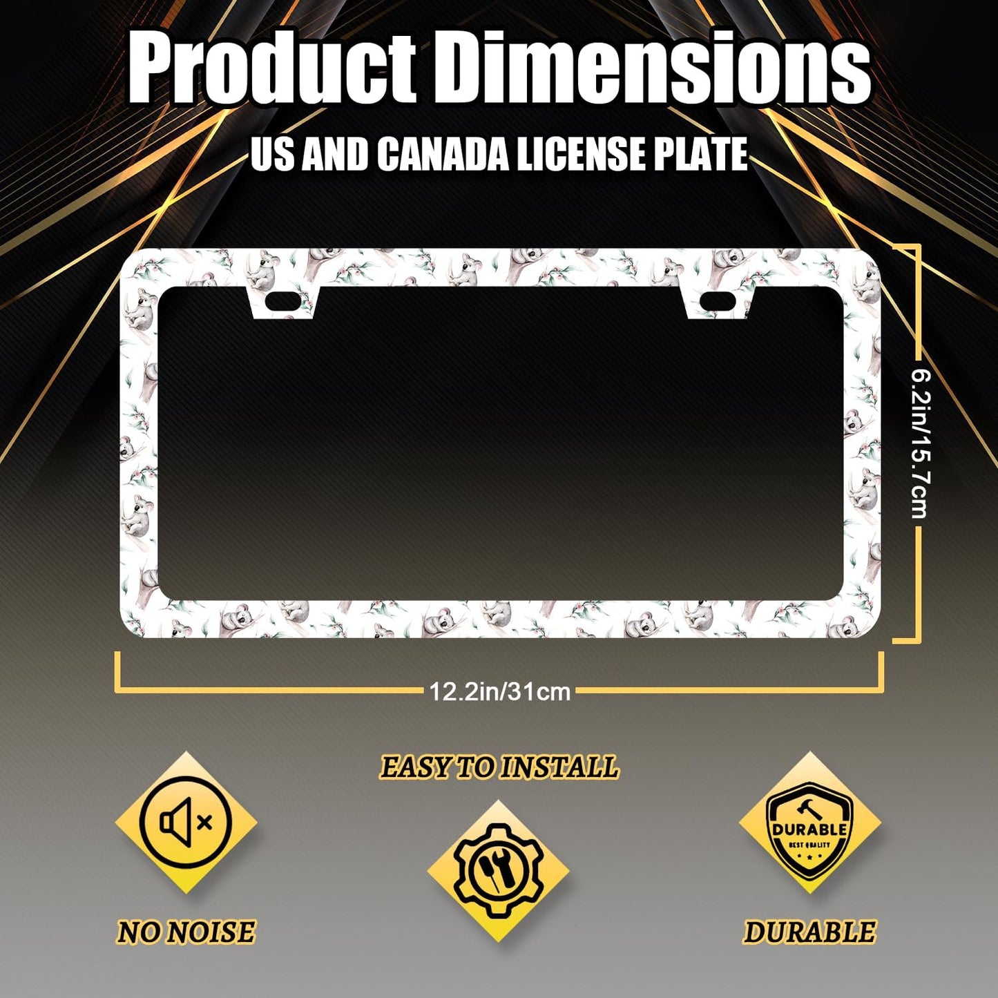 Watercolor Koala License Plate Frame Colorful Animal License Plate Holder Funny License Plate for Car Decoration Stainless Steel Cute Auto Parts with Screws for Men Women 12.3" x 6.3"