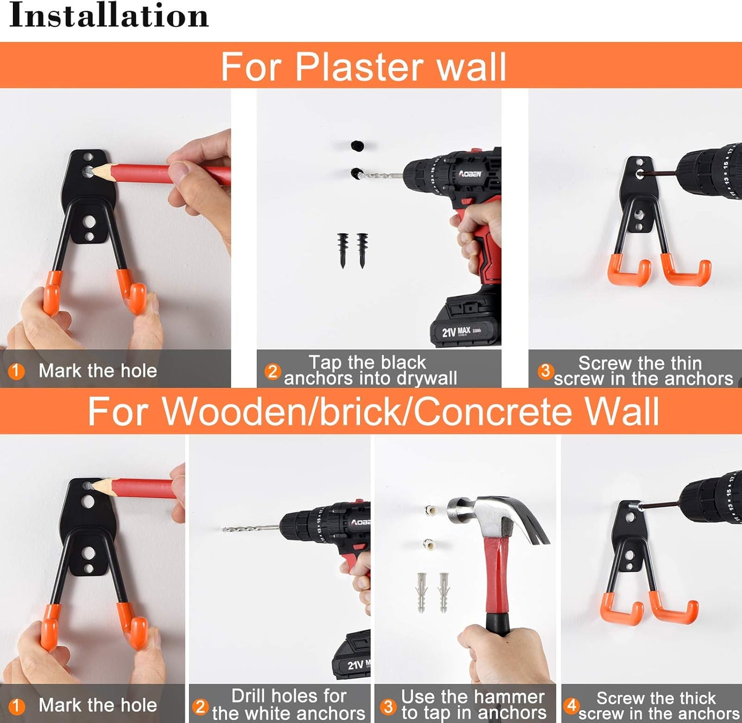 AOBEN Garage Hooks Heavy Duty, Steel Garage Storage Hooks, Utility Tool Hangers and Broom and Mop Holder Wall Mounted for Organizing Cleaning Tools, Mops, Garden Tools (S, 4 Pack)