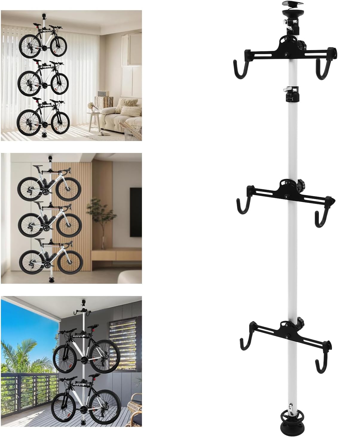 Floor to Ceiling 3 Bike Vertical Freestanding Hanger Parking Rack, Bicycle Storage Rack 360° Adjustable Hook Indoor Bike Storage Pole Stand for Storing Bicycles in Garages or Apartments