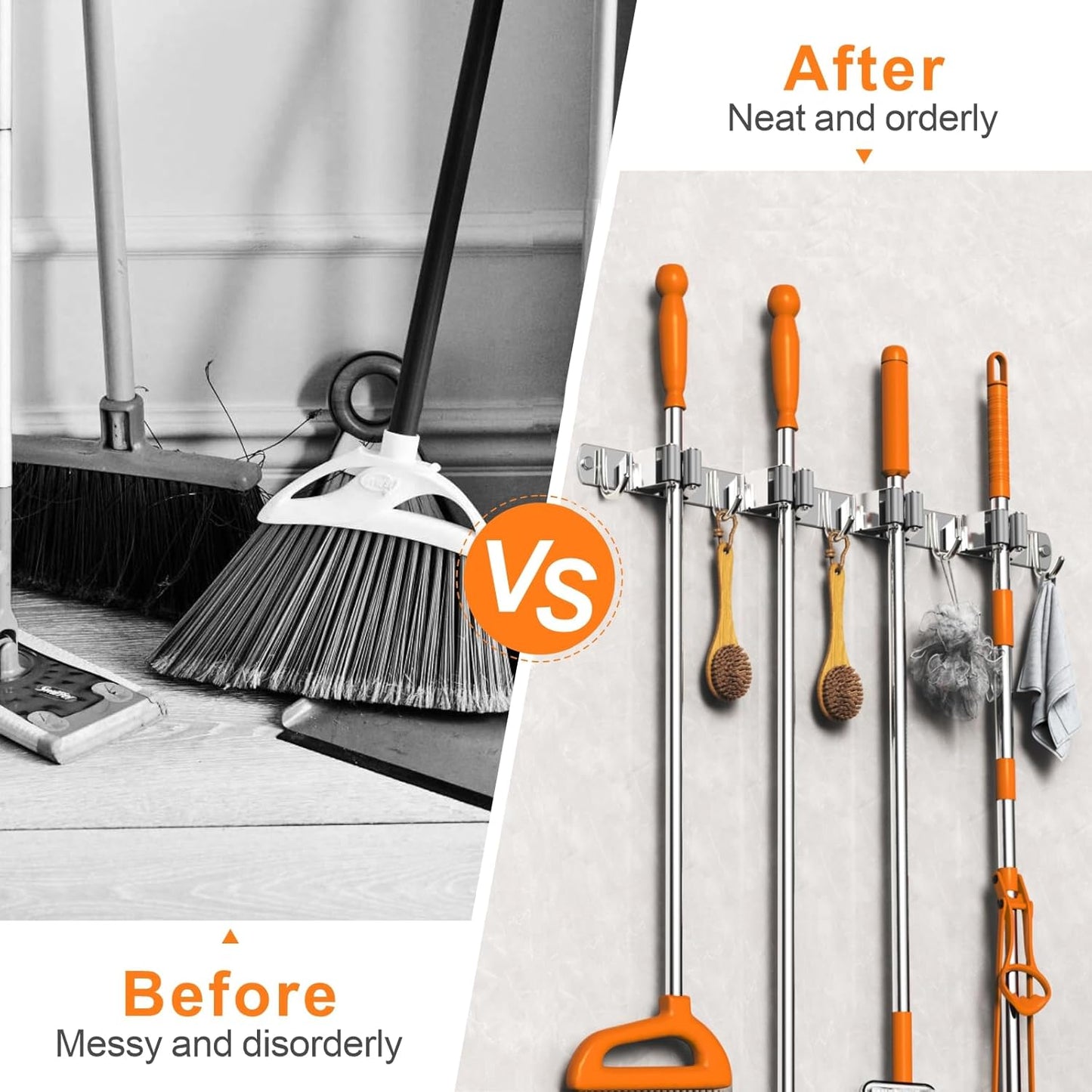Mop and Broom Holder Wall Mount, Upgraded Broom Organizer Wall Mount, Stainless Steel Broom Hanger Wall Mount for Home Kitchen Garden Laundry Garage (4 Racks with 5 Hooks Silver)