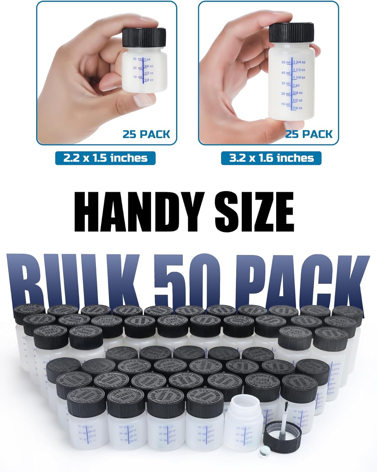 Lichamp Touch Up Paint Container, 25pc 1 oz and 25pc 2 oz Paint Touch Up Bottles with Brush, 1 Ounce (30ml) and 2 Ounce (60ml) A350TP