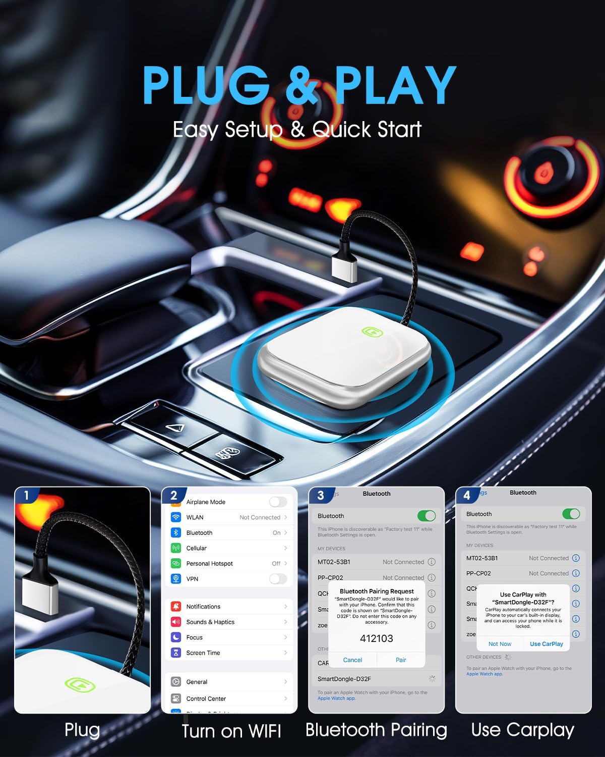 Wireless CarPlay Adapter - Fast & Stable Connection for Carplay Wireless Adapter Convert Factory Wired to Wireless CarPlay Dongle Plug & Play Car Play Fit for iPhone iOS 10+ (Dark Silver)