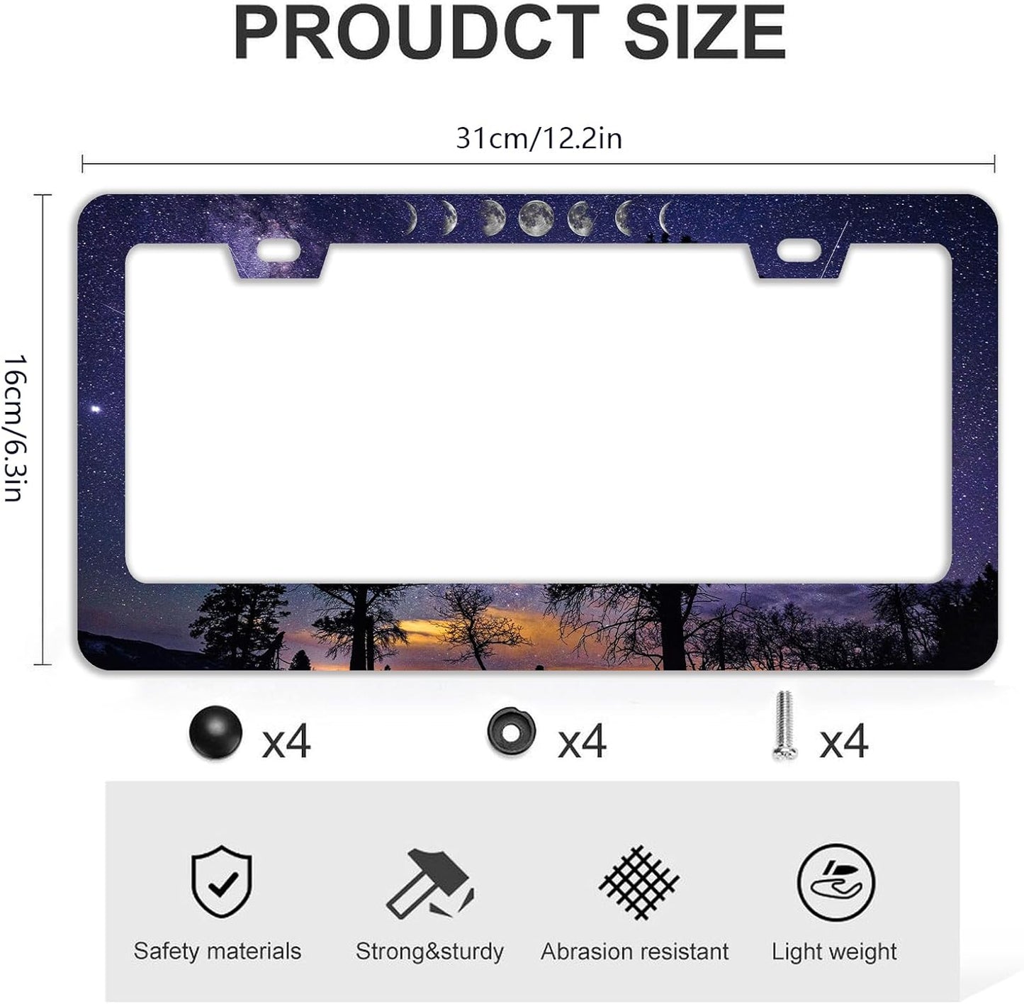 Starry Sky Moon License Plate Frames - 2 Pcs Set 2 Holes Stainless Steel Metal Novelty Auto Car Accessories Decoration License Plate Frame Cover Size 6.3" x 12.2" Fit US Vehicles for Women Men Gift