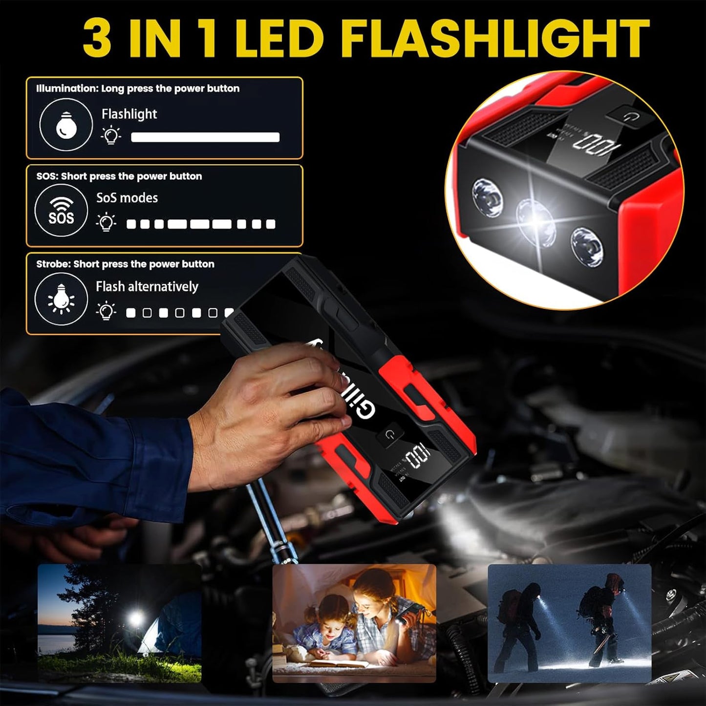 001B 3500A Car Jump Starter Battery Pack (Up to 9.0L Gas and 7.0L Diesel Engine), 12V Car Charger Jump Starter Portable Battery Jump Starter with Power Bank