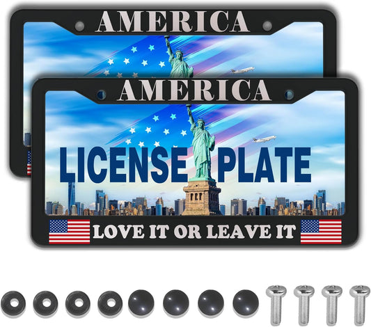 License Plate Frames Black and White License Plate Frame America Love It or Leave It USA Flag Aluminum Metal Car Accessory 2 Pack with Screw Covers Set