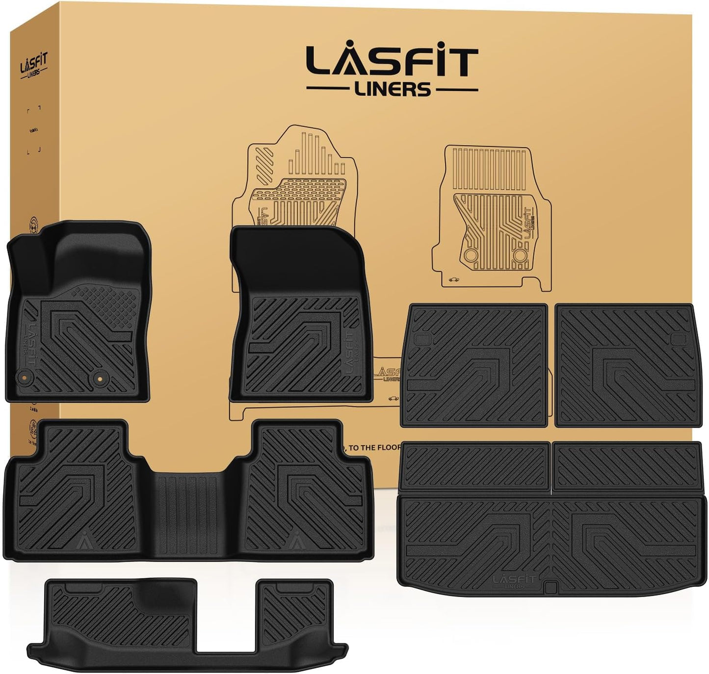 LASFIT Floor Mats & Backseat Cargo Mat for Mitsubishi Outlander 2022-2025 (Not Fit PHEV or Sport Models), TPE All Weather Protection Custom Fit 3 Row Rubber Floor Liners, Black, Easy to Clean