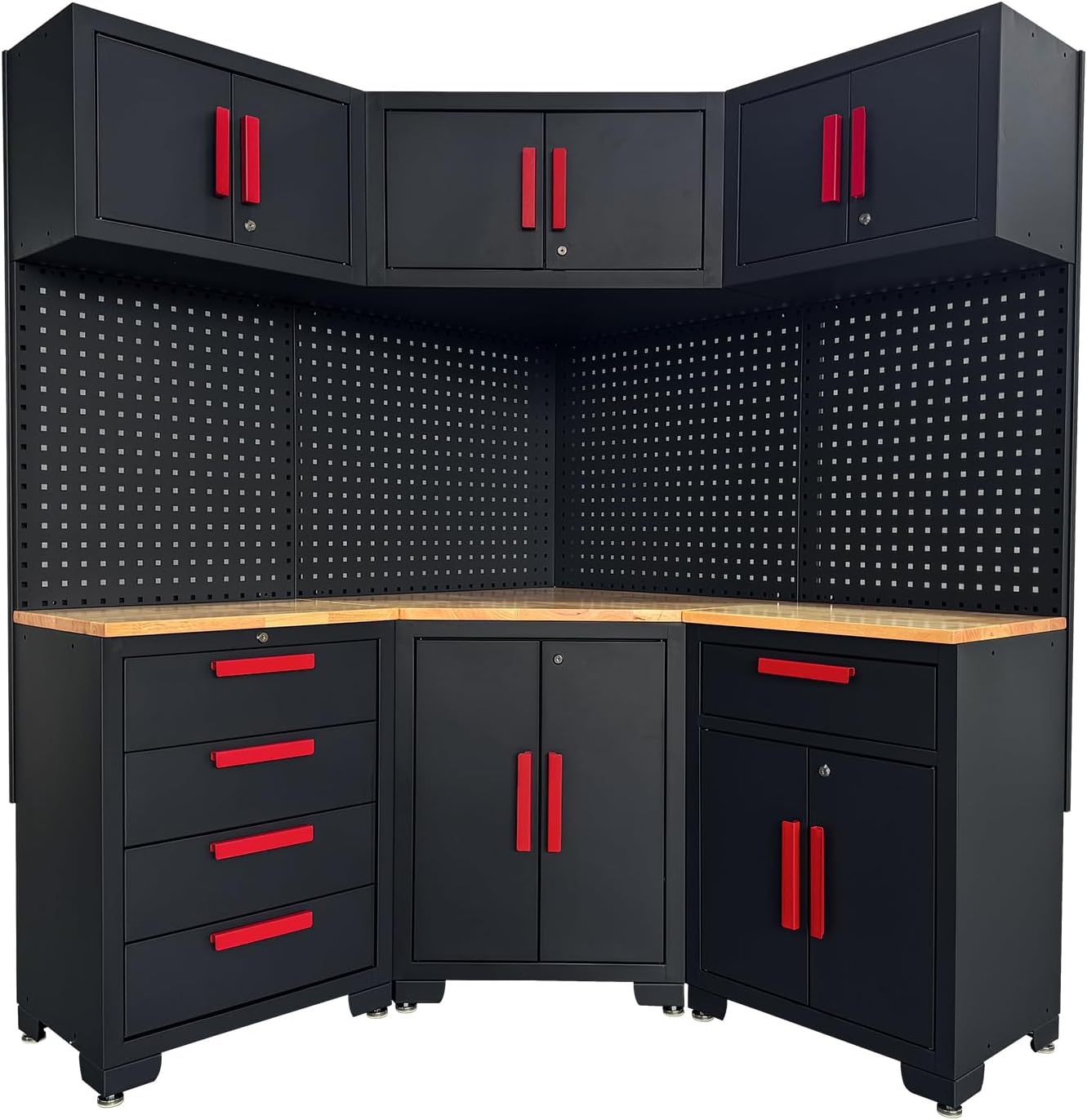 Red Garage Cabinet Storage System 10-Pcs Corner Workshop Set Garage Cabinet and Storage System for Tool Organization