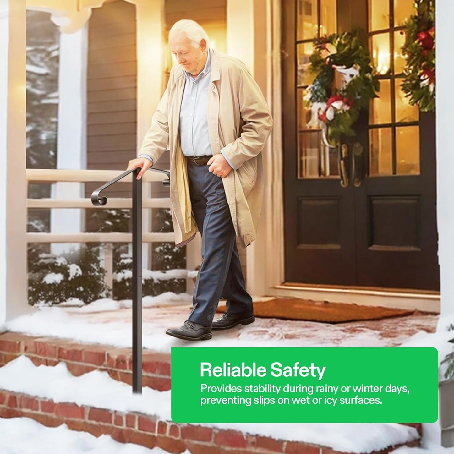 VIVOSUN Outdoor Handrail, 2 Step Stair Handrail, 21.6" x 39" Fits 1 to 2 Steps, Wrought Mattle Iron Stair Railing with Dual Curved Ends for Concrete Steps, Porch Steps, One-Step Assembly, Black