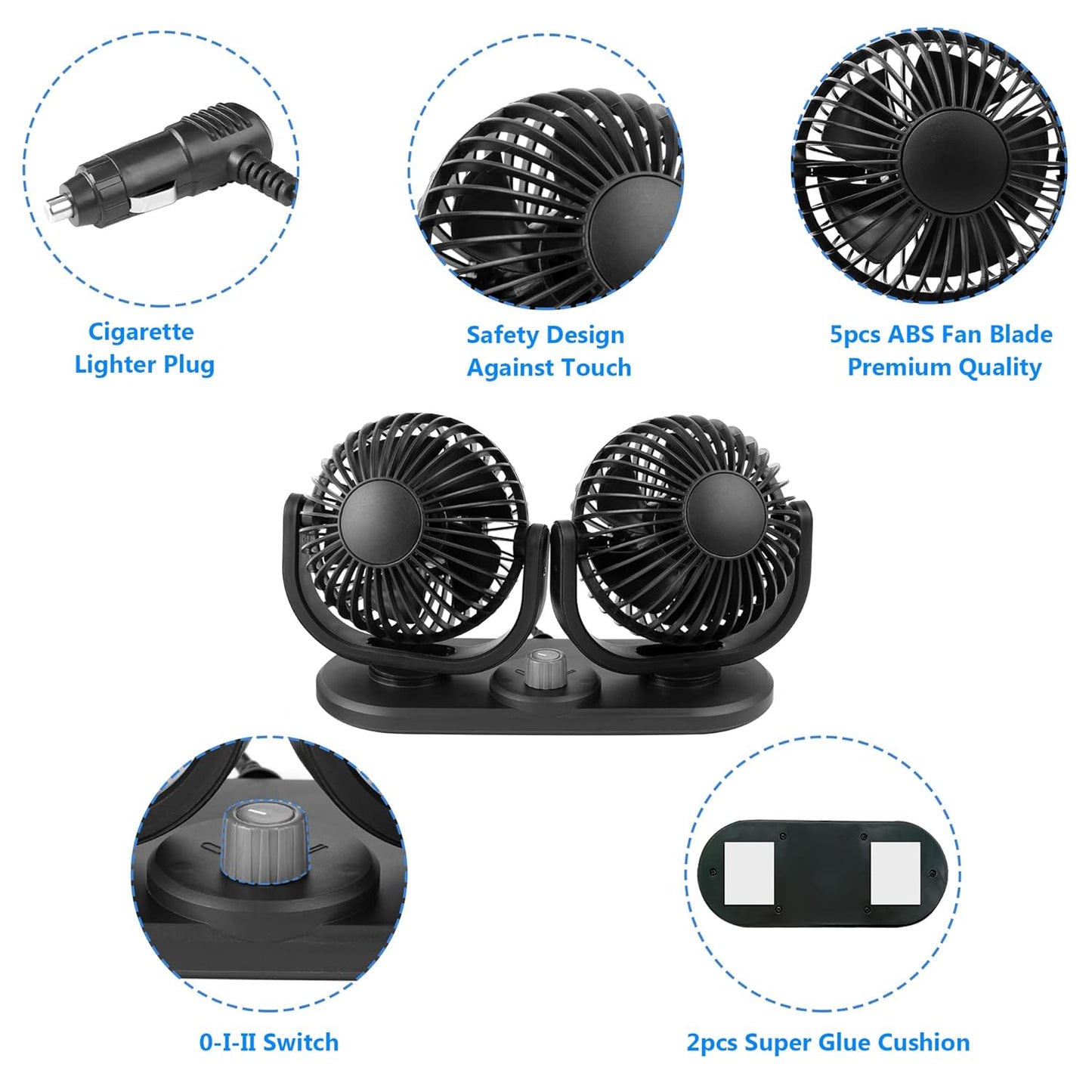 12V Car Fans Cooling Air Fan Powerful Dashboard Electric Dual Car Fan Cigarette Lighter Low Noise 360 Degree Rotatable for Truck Vehicle Boat Van SUV RV