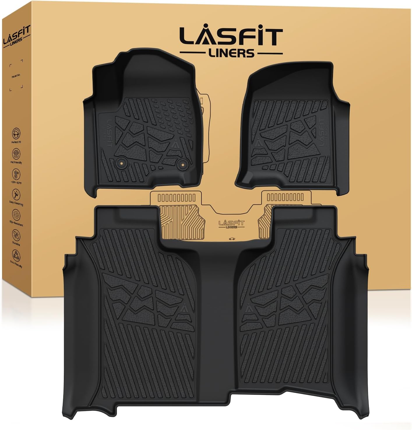 LASFIT Floor Mats 2019-2025 for Chevrolet Silverado/GMC Sierra 1500, 2020-2025 2500HD 3500HD, Only Without Rear Underseat Storage Box, Only Bucket Seat/Crew Cab (Not for Regular/Double Cab)