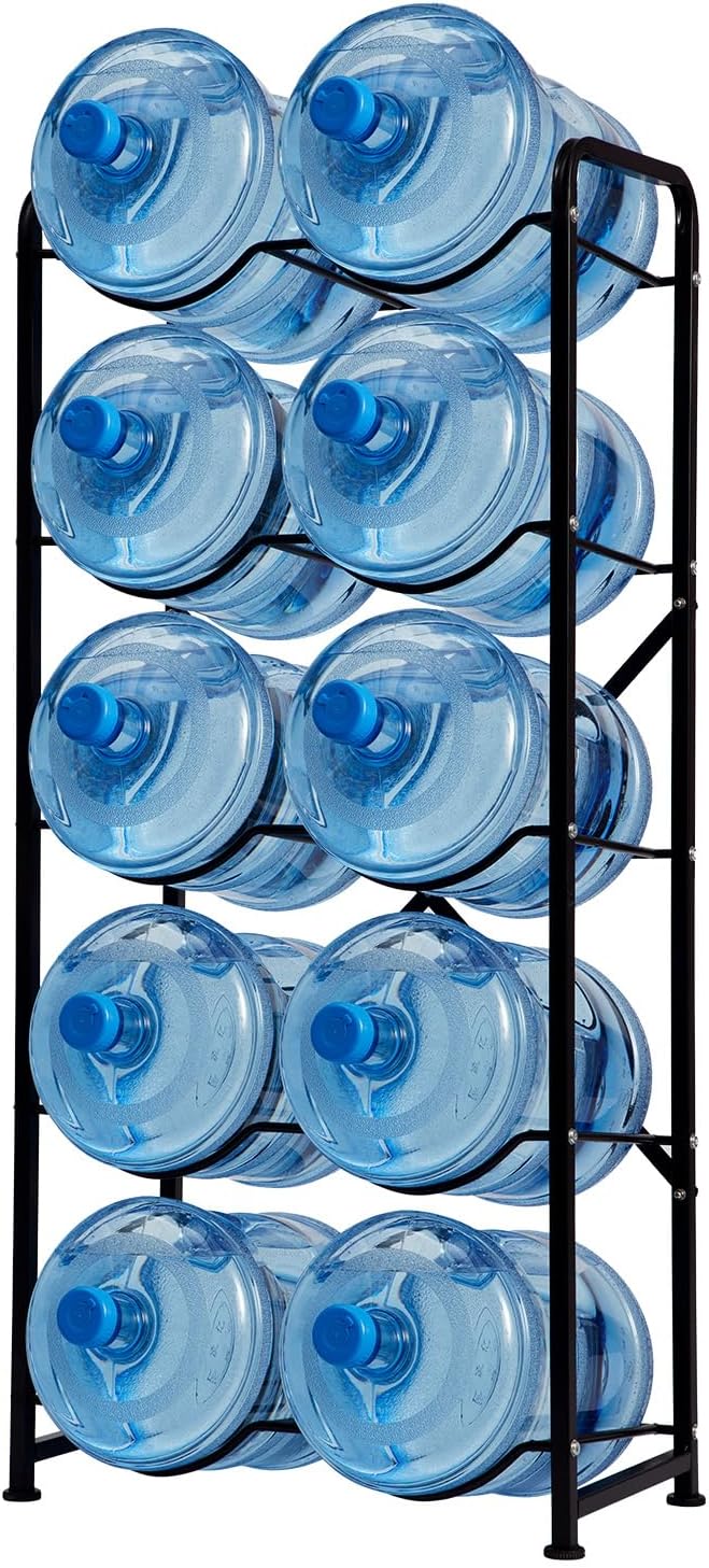 5 Gallon Water Jug Holder, 5-Tier Reinforced Carbon Steel Bottle Storage Rack for 10 Bottles - Cooler Organizer for Office, Family, Garages, Restaurant, Gym. Black
