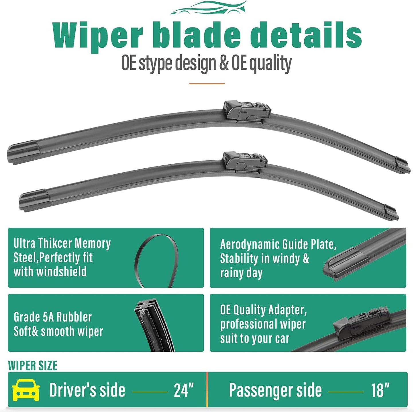 24" 18" 14" Windshield Wiper Blades for Mazda CX5 CX9 CX-5 CX-9 2017 2018 2019 2020 2021 2022 2023 -OEM Replacement Premium All season Wiper Blades (Set of 3)