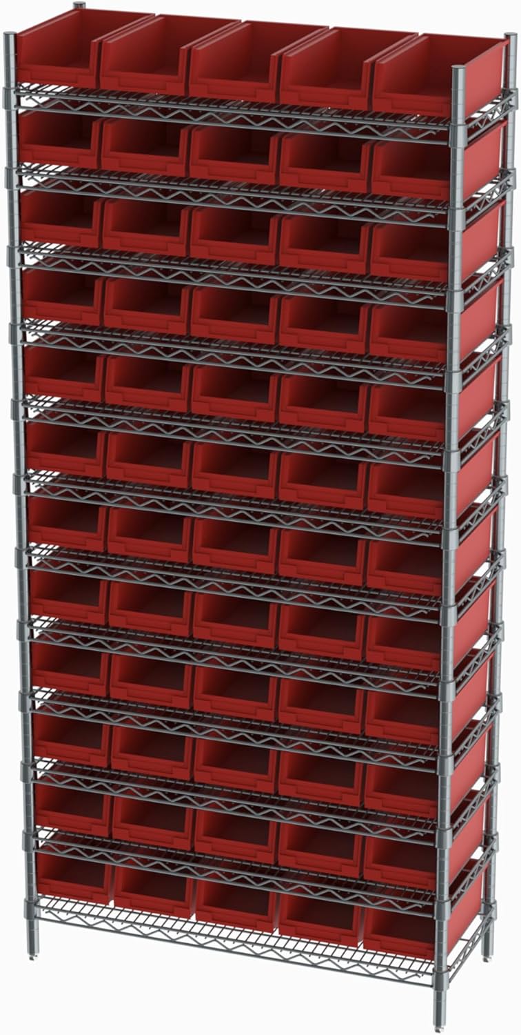 Hudson Exchange 36x14x74, 12-Tier (60 Bins Included), Industrial Wire Shelving Unit with Storage Shelf Bins, Chrome Rack (Red)
