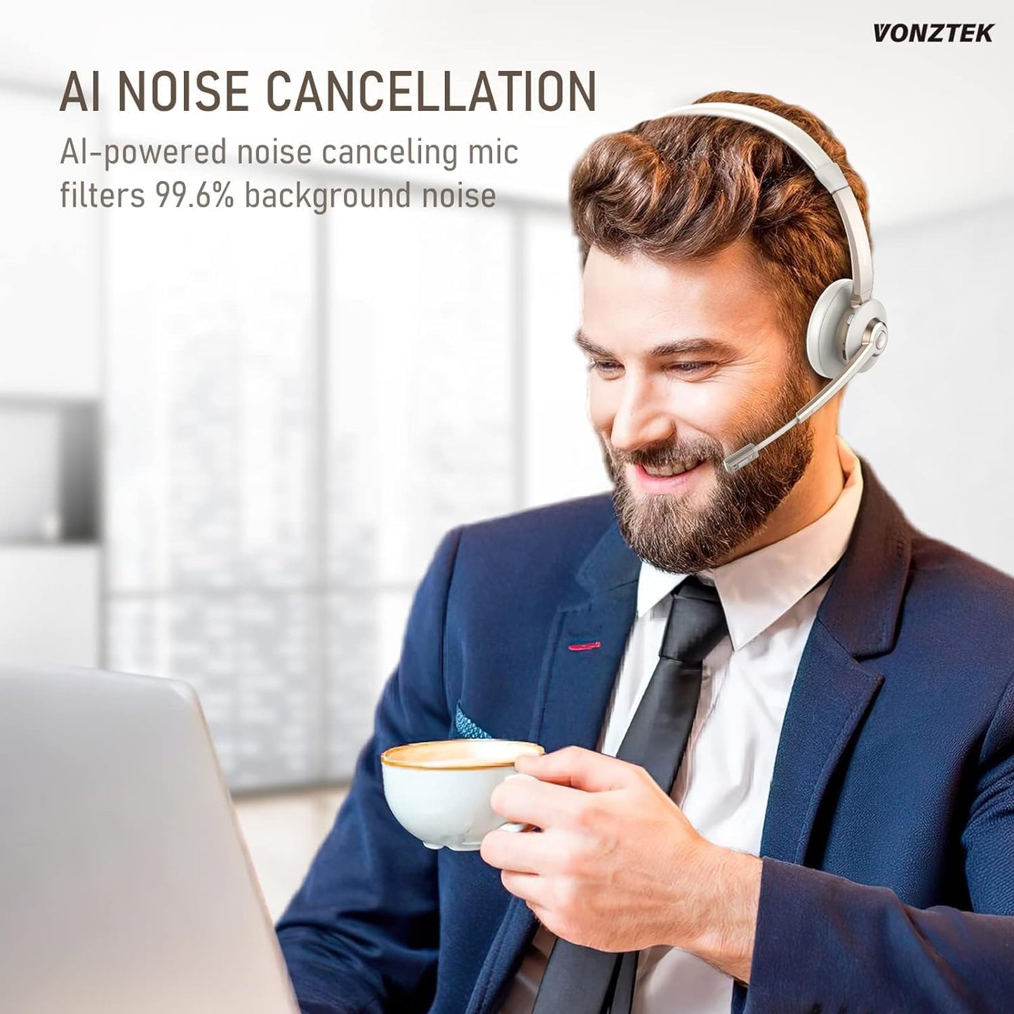 Wireless Headset, Bluetooth Headphones with Microphone Noise Canceling & USB Dongle, Singler-Ear Bluetooth Headset with Mic Mute for Cell Phone Computer Work Office Meetings Trucker Teams Skype Call