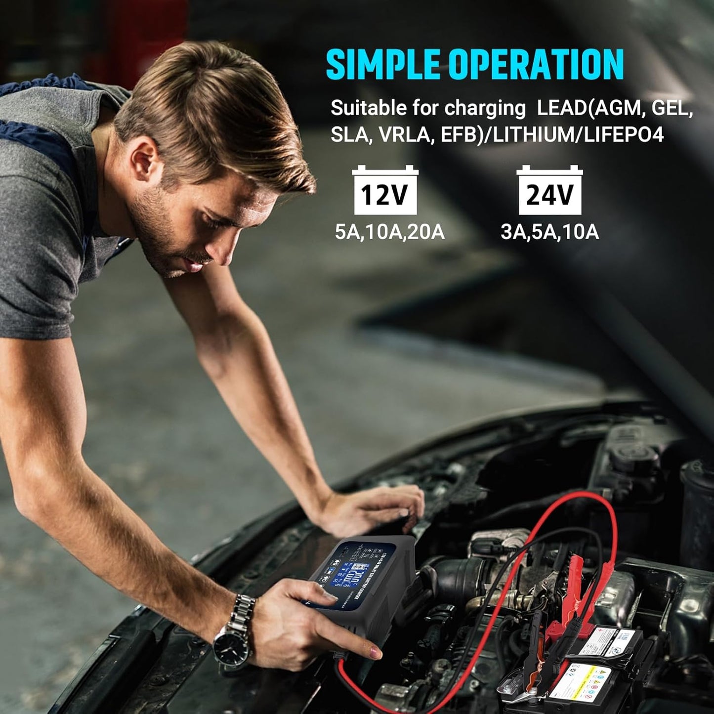 Battery Charger 0-20A 12V/24V Lithium LiFePO4 Lead Acid Fully Automatic Maintainer, Smart Car Battery Charger,Trickle Charger w/Pulse Repair for Trucks,Boats,Motorcycles,Deep Cycle Batteries ﻿