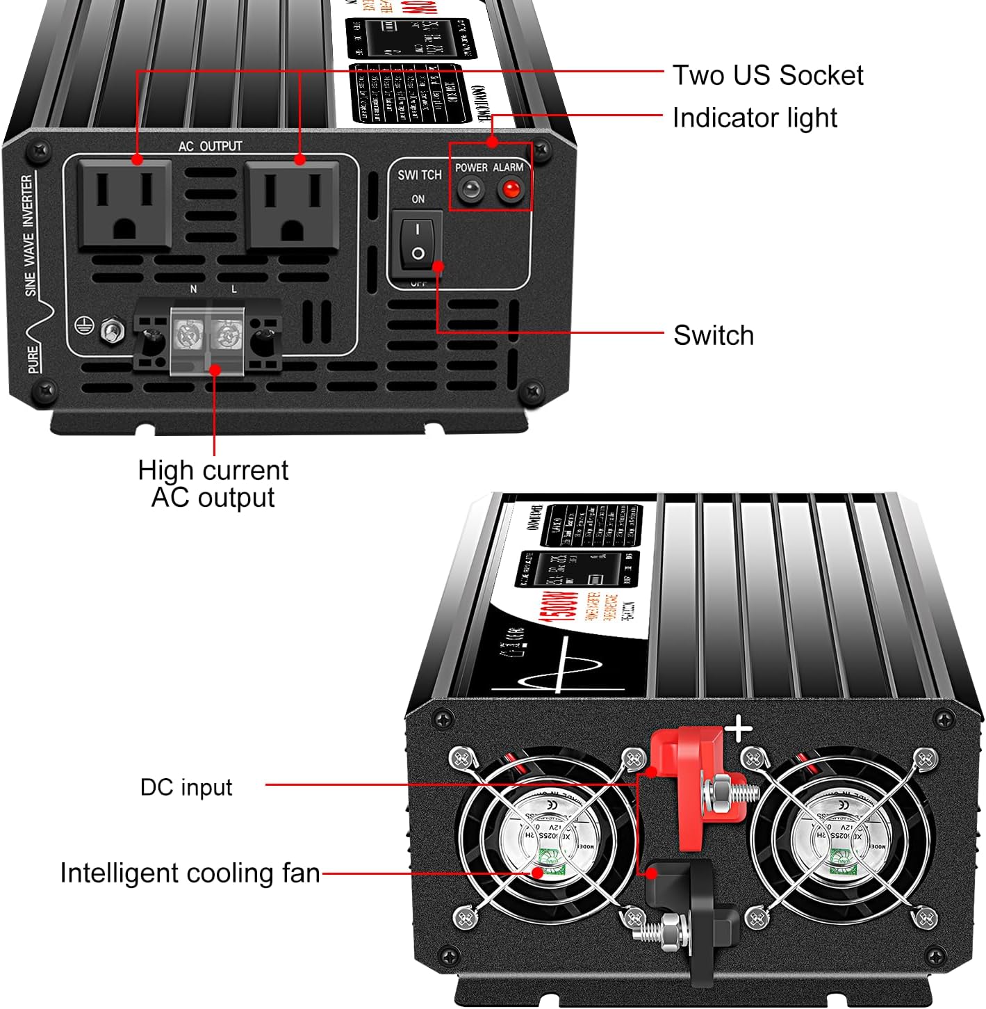 Xijia 1500W (Peak Power 3000W) Pure Sine Wave Inverter DC 72V to AC 120V 60HZ Solar Converter for Home Use car (DC72V (Range 60V-90V) 1500W)