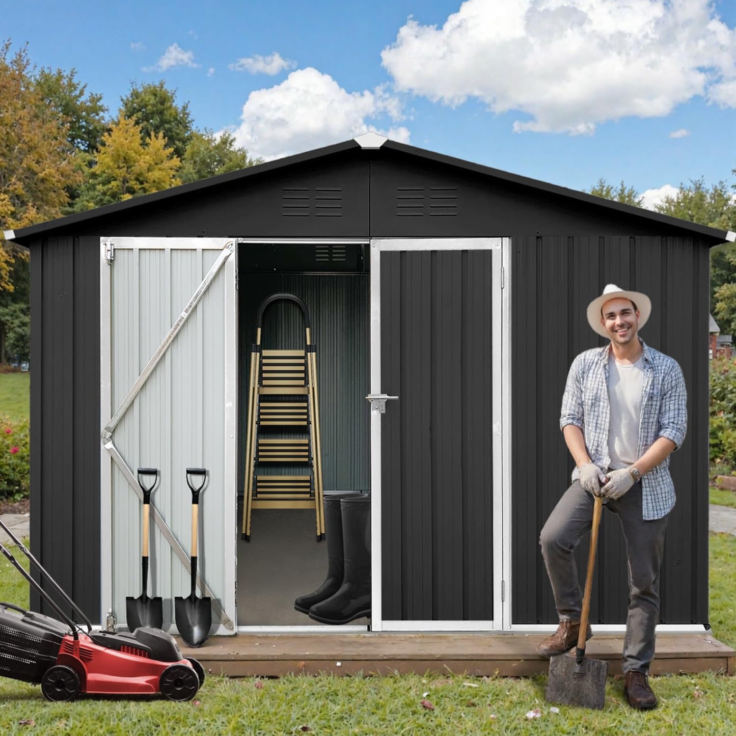 10 x 12 FT Outdoor Storage Shed, Metal Garden Tool Shed with Slooping Roof, Lockable Doors and Windows, Easy to Assemble for Garden, Patio, Lawn, Black