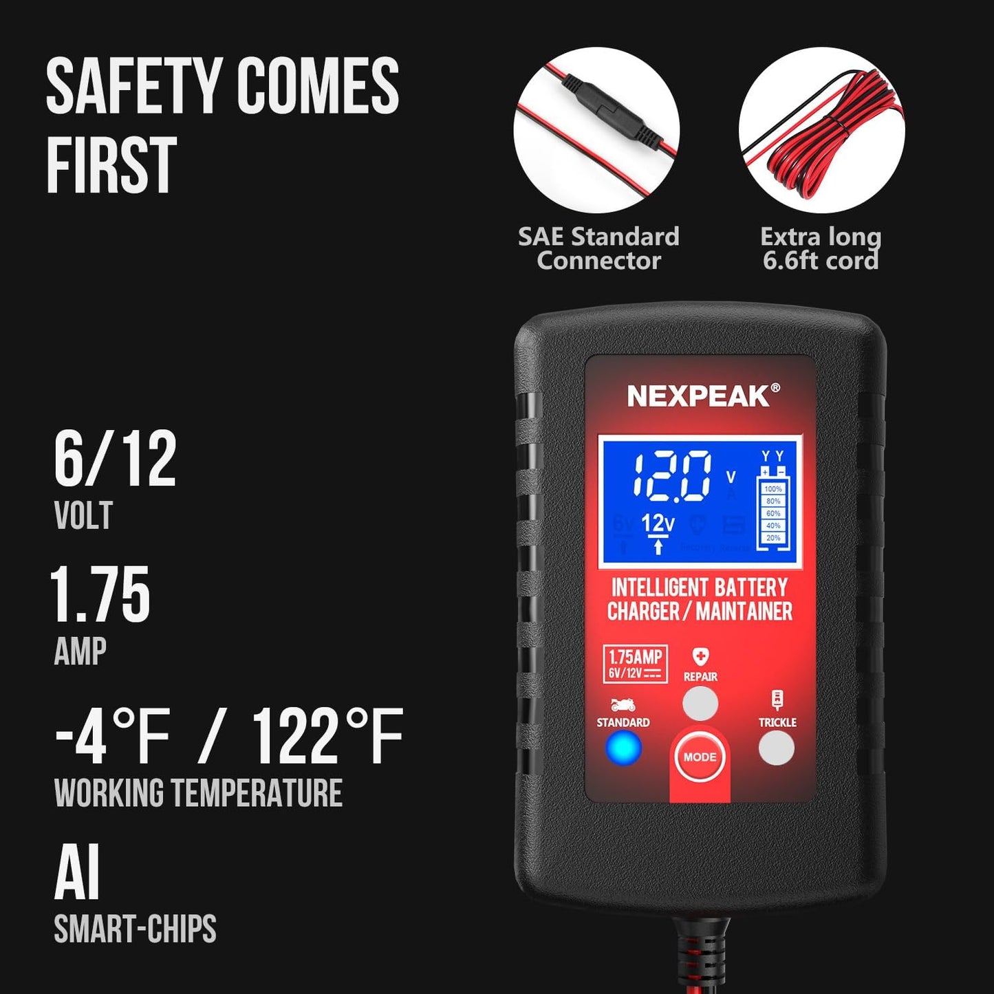 [4-Pack]1.75-Amp Car Battery Charger, 6V and 12V Smart Fully Automatic Battery Charger Maintainer, Trickle Charger, Battery Desulfator for Car, Lawn Mower, Motorcycle, Boat, Marine Lead Acid Batteries