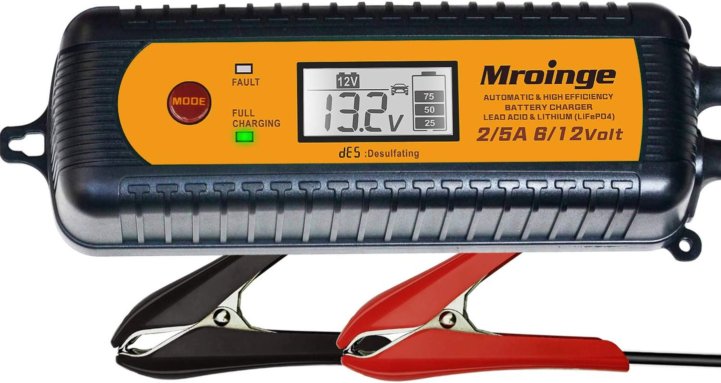 Car Battery Charger, Mroinge 5A 6V/12V Fully Automatic Smart Charger, Battery Maintainer, Trickle Charger and Battery Desulfator for Lead Acid and Lithium Batteries, with LCD Display, MBC050-LCD