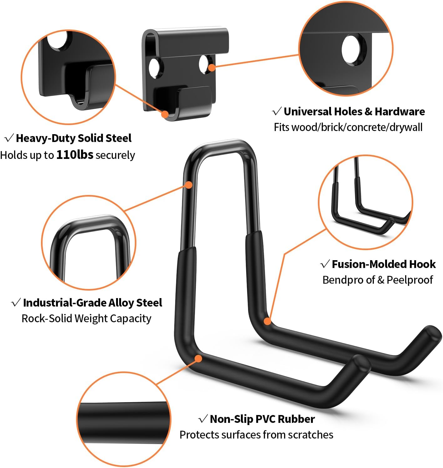 GPANDAG 2 Pack Heavy Duty Garage Storage Hooks(110LB) - Anti-Slip Coating Wall Mount for Bike, Ladder, Garden Tools & Hose