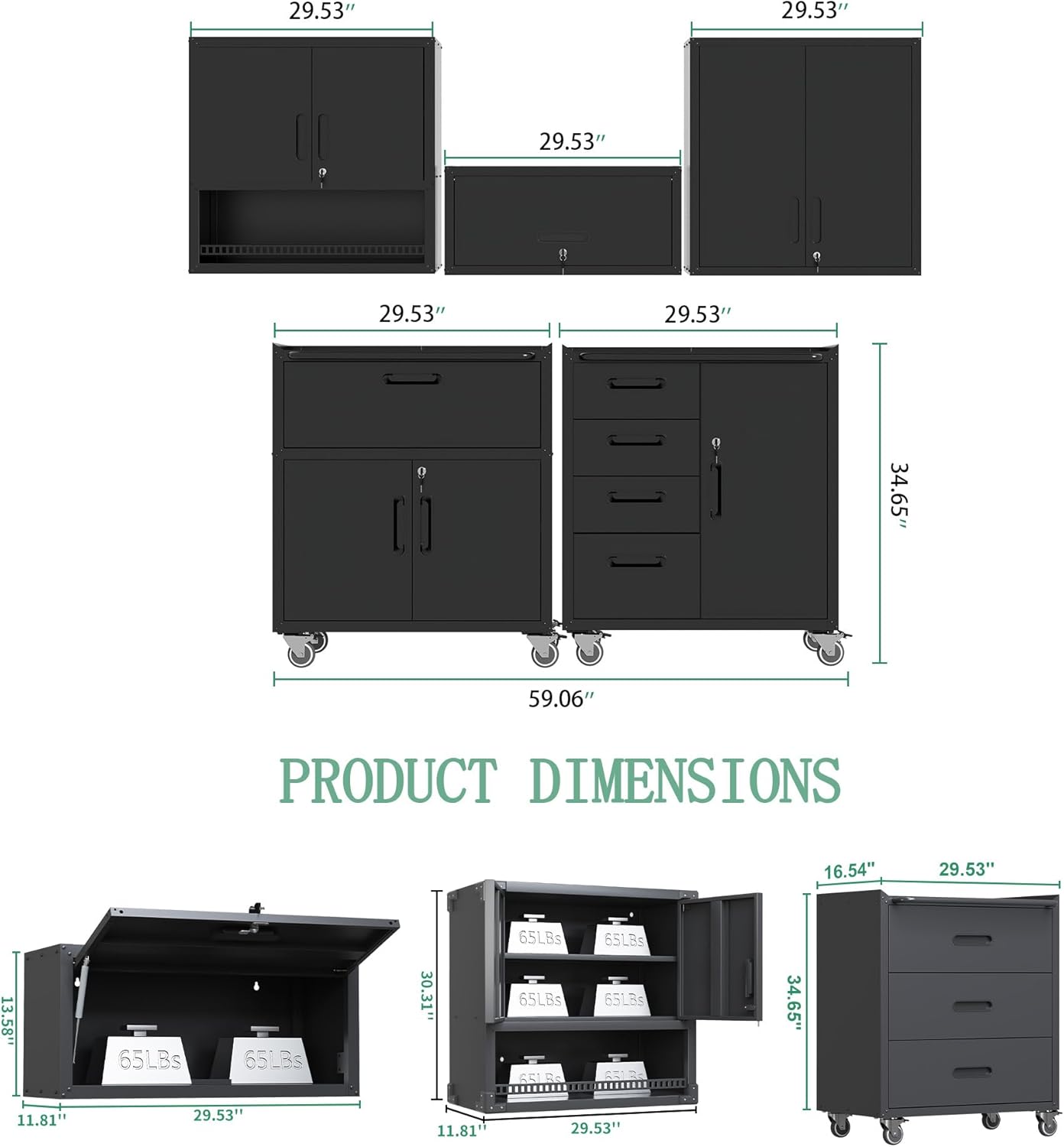Metal Tool Cabinet,Garage Storage Cabinet System,Wall Cabinet & Locking Rolling Tool Cabinet with Doors and Adjustable Shelves,Steel Tool Cabinets for Home,Office (5 Pcs-StyleC, Black)