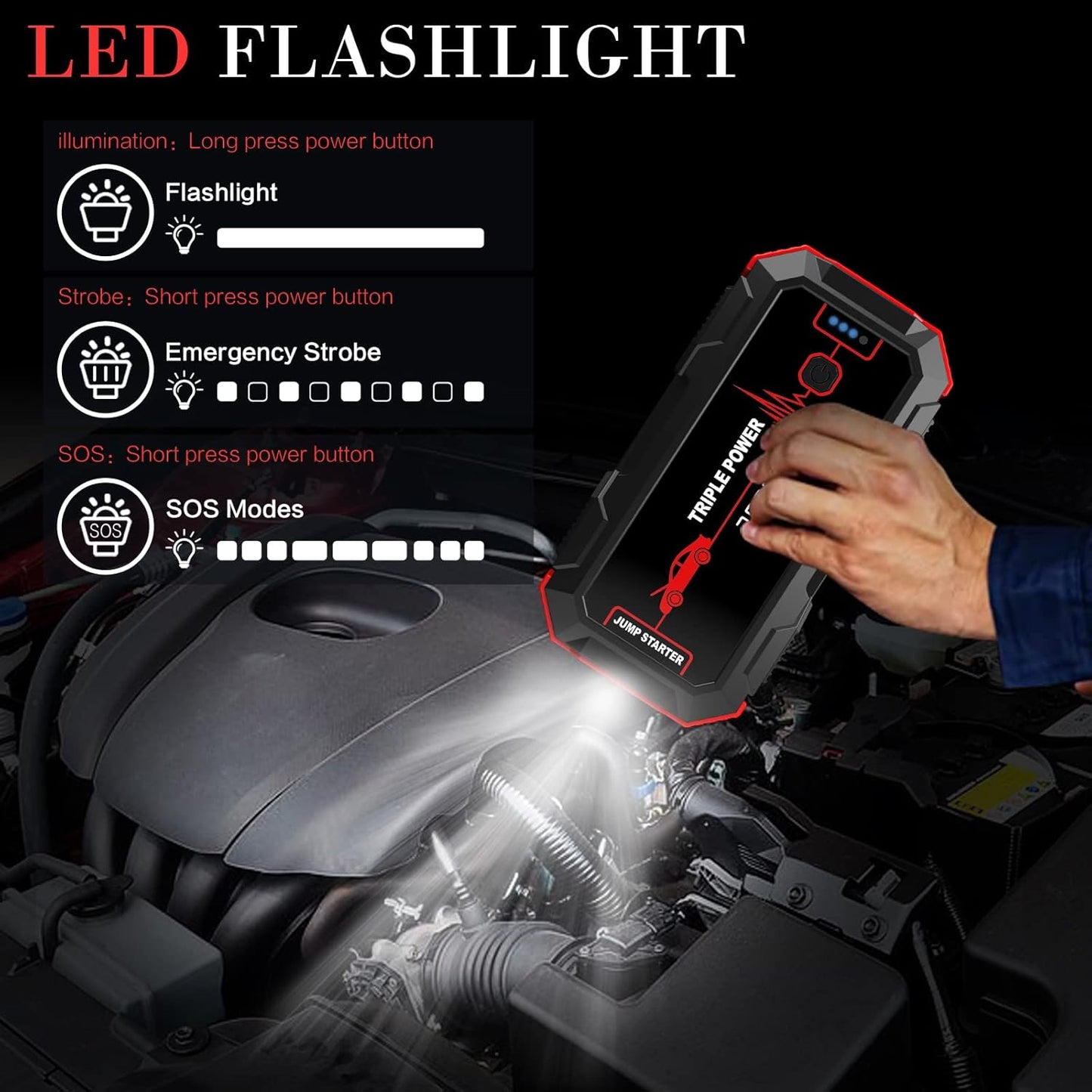 Car Jump Starter 2000A Peak (for up to 6.0L Gas or 4.0L Diesel Engine) 12V Car Battery Booster Pack, Portable Battery Starter, Power Bank Charger with Built-in LED Bright Light