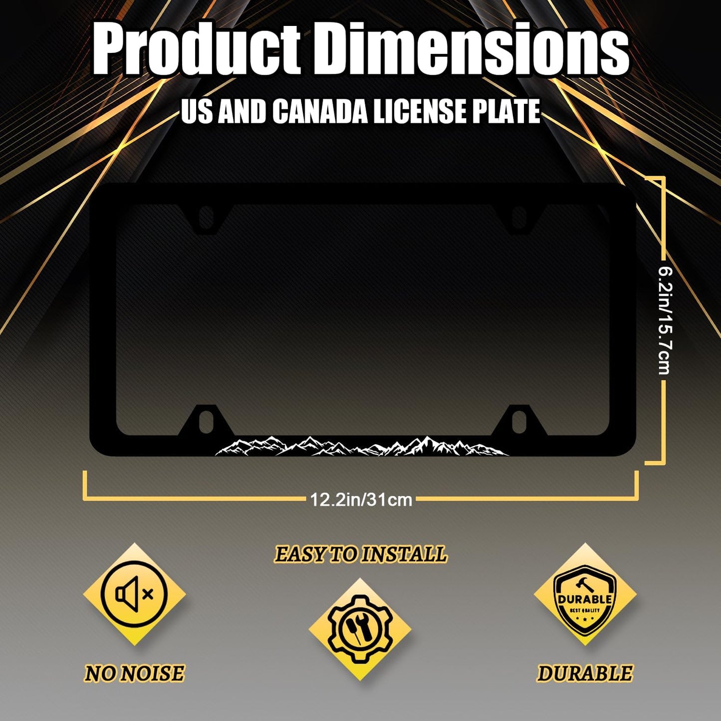 Mountain License Plate Frame Mountain License Plate Holder Stainless Steel Black Funny License Plate for USA Canada 6.3" X 12.3" with 4 Holes and Screws