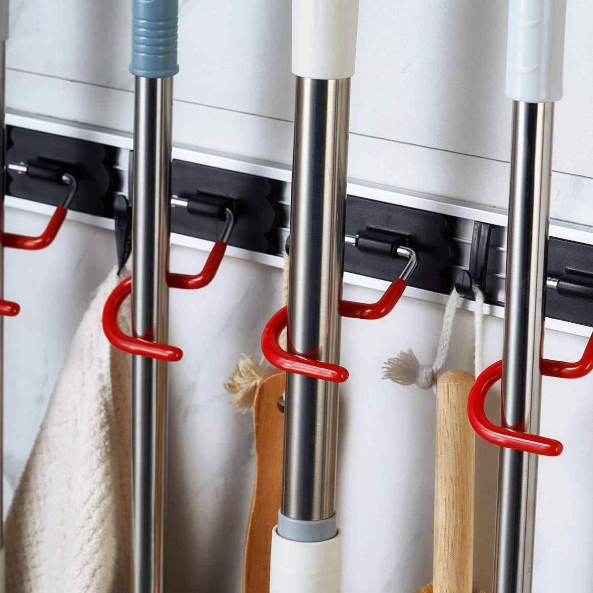 QBOSO Wall Mounted Mop and Broom Holder Stainless Steel S Type Broom Rack Anti-Slip Mop Organizer (17 Inches,4 Positions 3 Hooks, Red black)