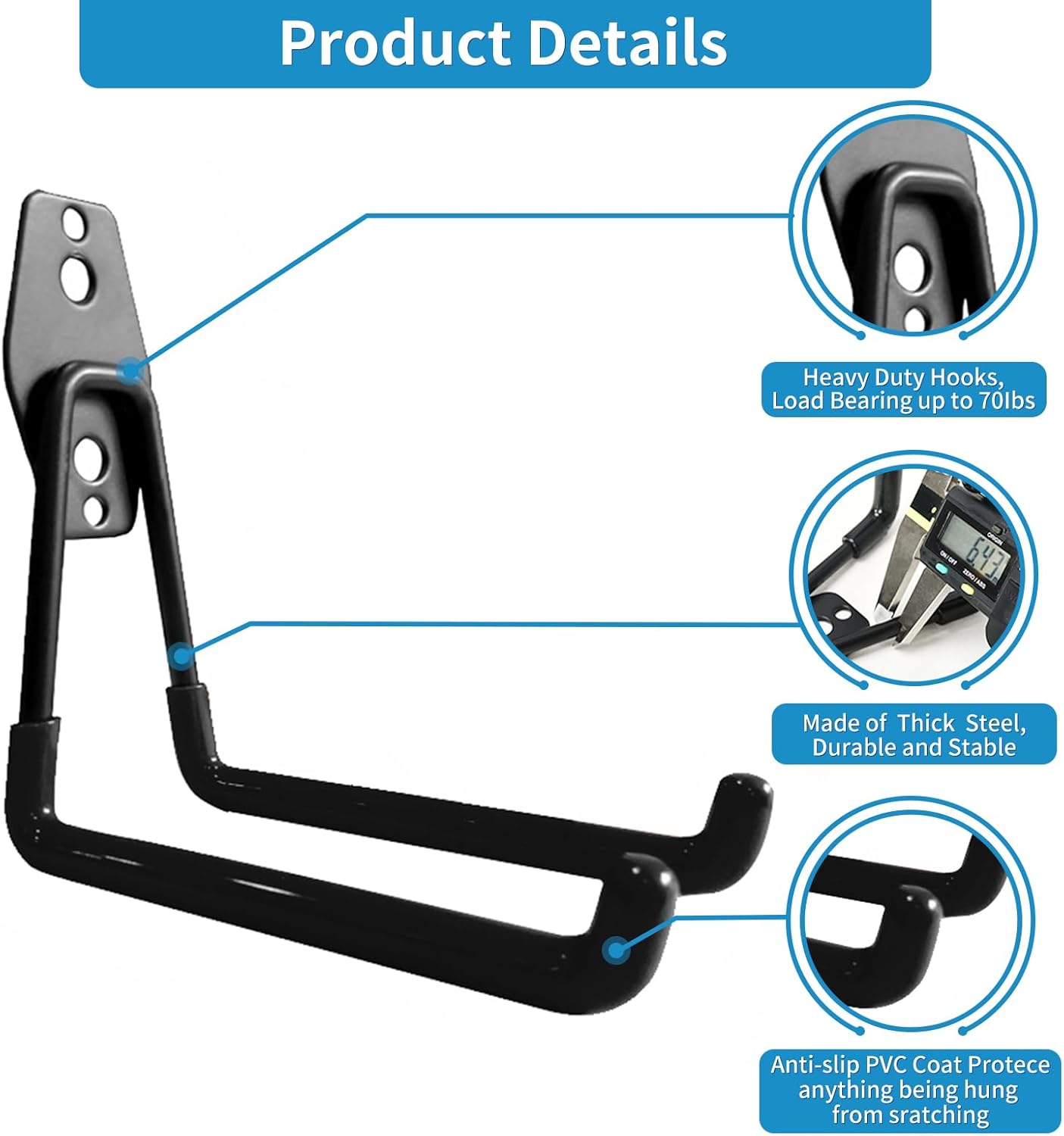 Garage Storage Utility Hooks，Garage Garden Tool Organizer，Steel Wall Mount Hooks, Large Garden U Hooks （2 Pack）