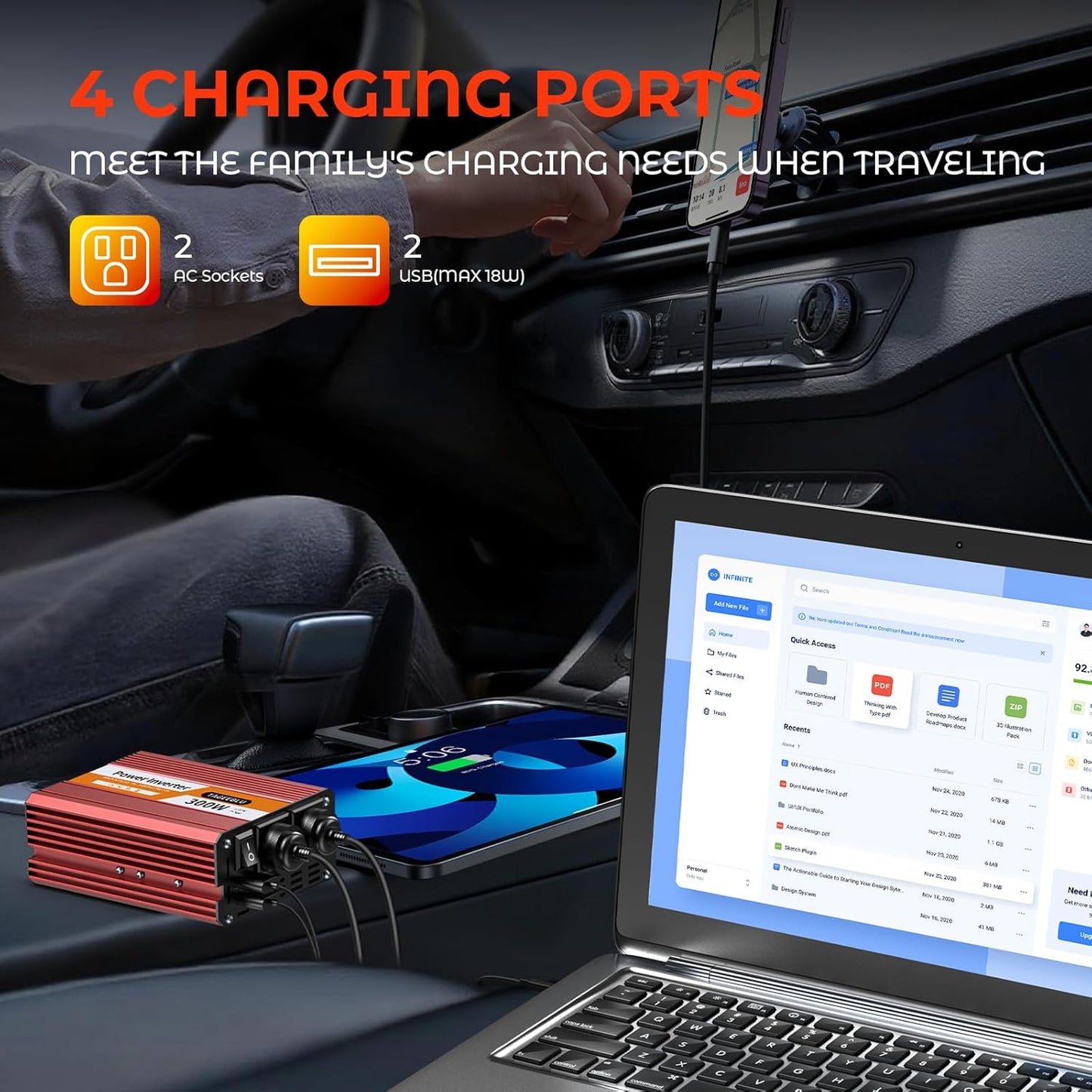 300W Power Inverter DC 12V to 110V AC Car Inverter with 4.2A Dual USB(18W) Charging Ports, Dual AC Adapter for Laptops
