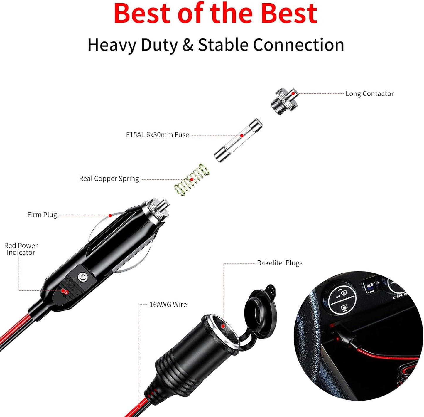 KEWIG 12/24V Car Cigarette Lighter Extension Cord - 13FT Cigarette Lighter Plug Cable- 16AWG Heavy Duty Extension Cable with 15A Fuse and LED Indicator