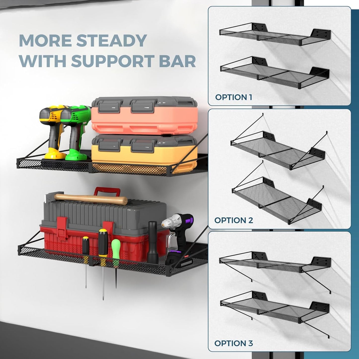 Garage Wall Shelf (2PCS-23.6"x12"x2.2") Steel Wall Shelf Storage Rack-design of TRIANGULAR BRACKET, Wall Mount Heavy Duty Metal Shelves Mesh Storage Rack for Garage, Office, Basement Kitchen, Closet