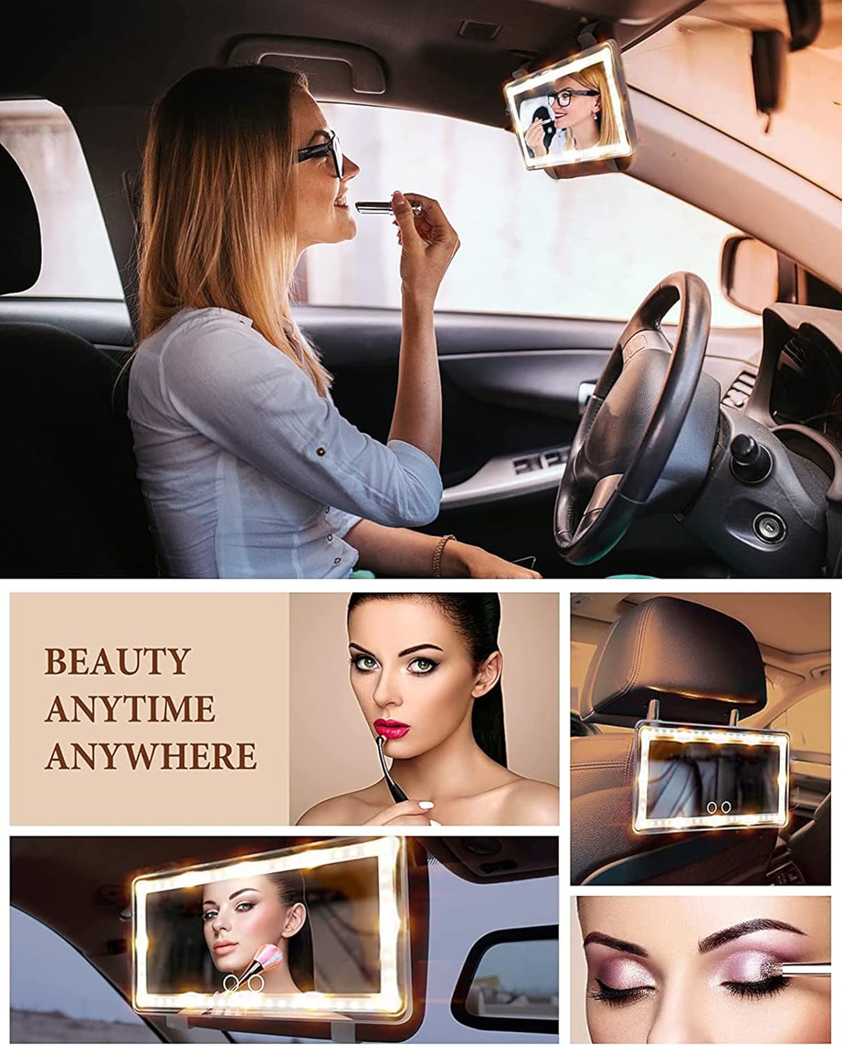 Car Visor Mirror with Rechargeable LED Light - 3 Light Modes & Dimmable Touch Screen - Clip on Big Sun Visor Vanity Mirror for Truck - Passenger Princess Car Accessories for Women Girl- White