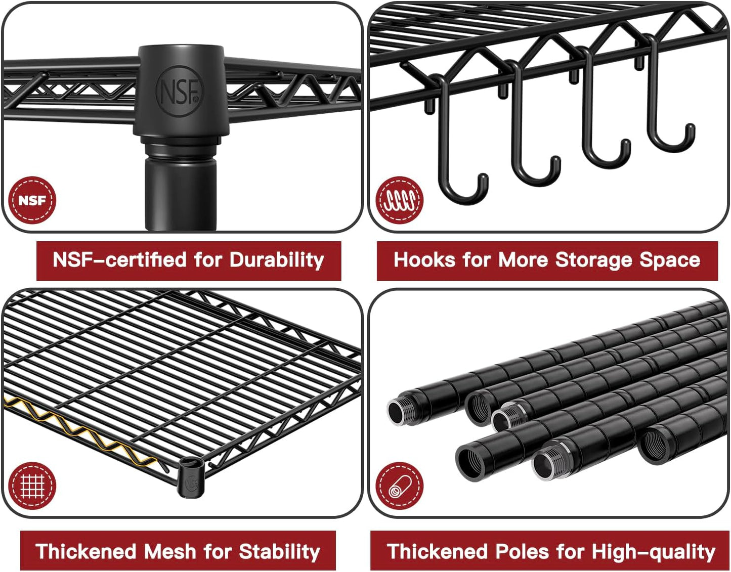 PrimeZone Wire Metal Storage Shelves - 5 Tier Adjustable NSF Certified Heavy Duty Garage Shelving Unit Organizer Rack, Steel Utility Shelf for Kitchen, Pantry, 35.5" W x 14" D x 72" H, Black, 4 Packs